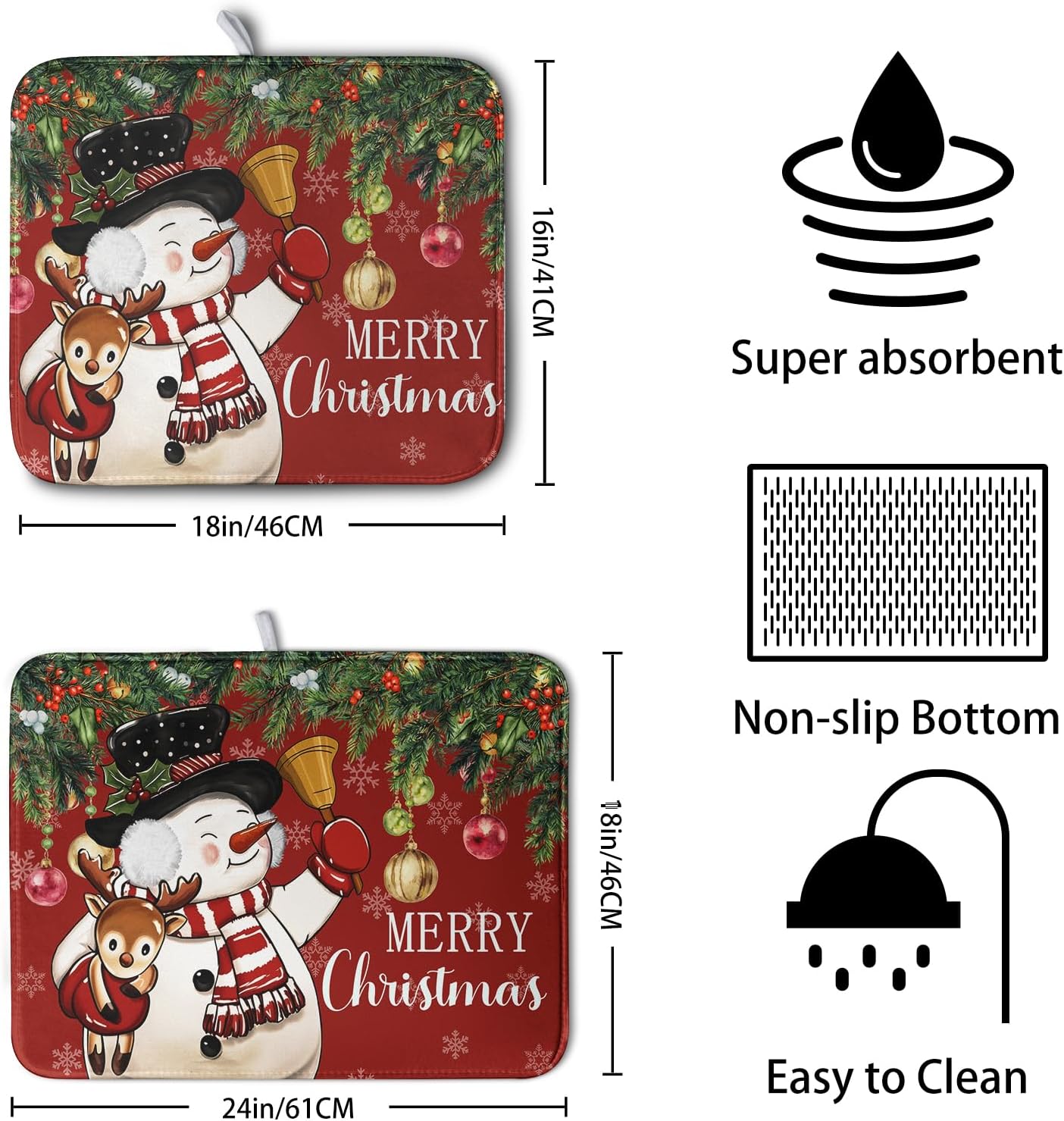 Christmas Dish Drying Mats for Kitchen Counter 16x18 Cute Snowman Red Dish Drying Pad for Dishes Winter Xmas Holiday Dish Draining Mat Absorbent Microfiber Dish Drainer Rack Mats