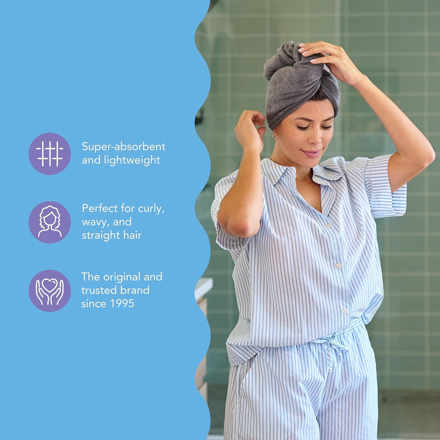 Turbie Twist 3-Pack Microfiber Hair Towel for Beauty, Travel, Gifting - Hair Wrap Turban for Straight, Wavy & Curly Hair - Premium Personal Care - Gray, Blue & Pink