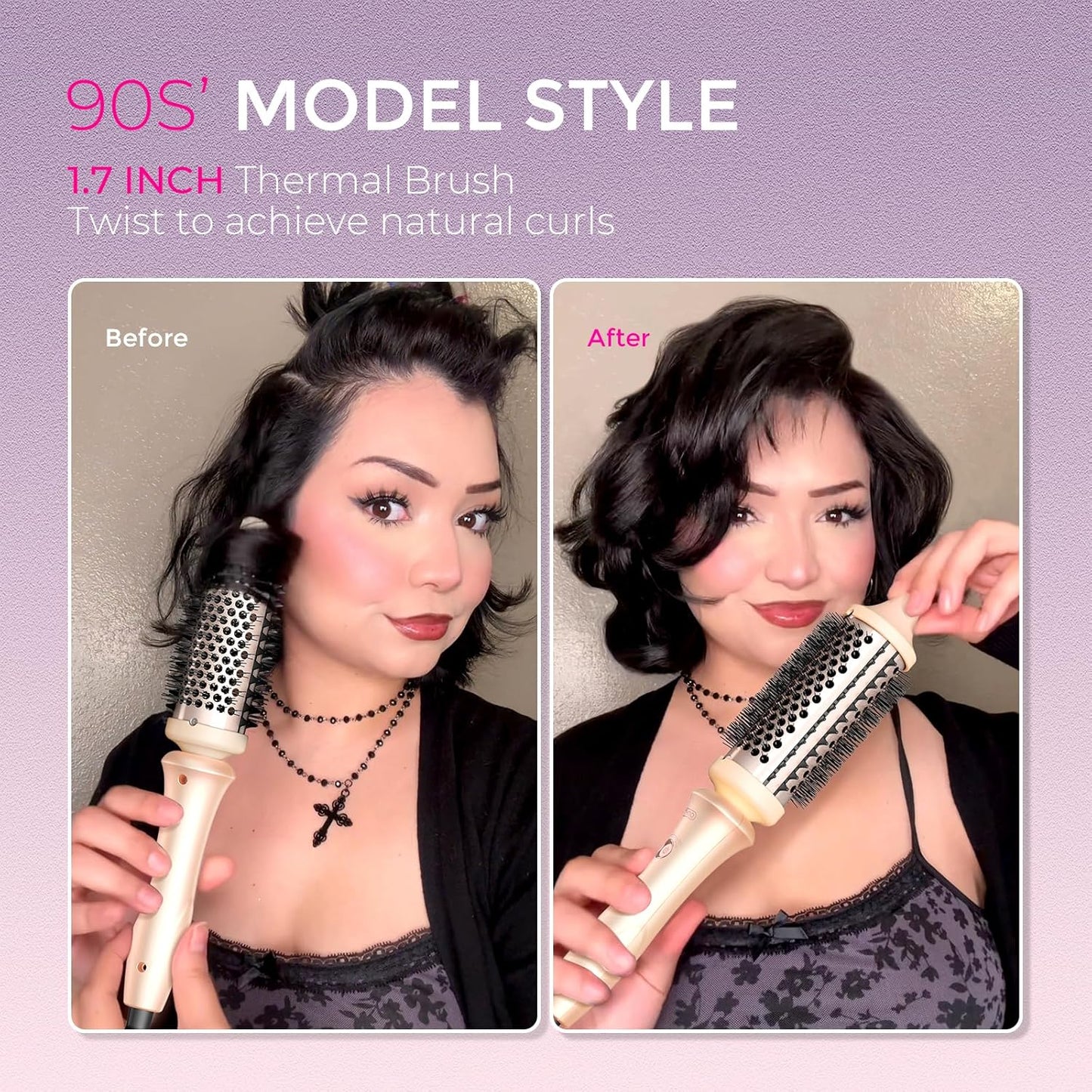 TYMO 2.0 Thermal Brush Curling Brush - STYLUX 1.7" Blowout Volumizer with Flexi-Fit for Hair Straightening, Heated Round Styler Tool, Hair Straightener and Curler 2 in 1, Dual Voltage & Light, Pink