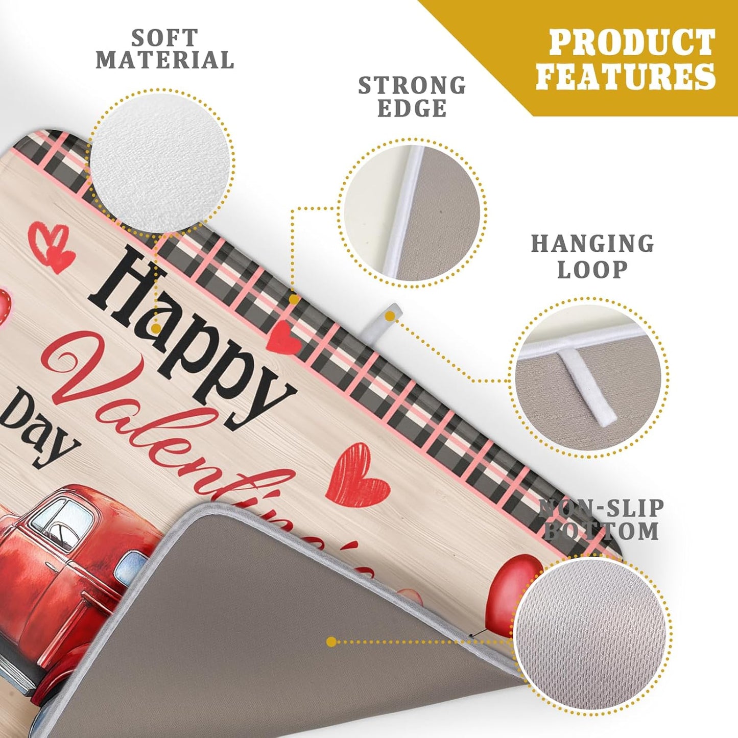 Valentine's Day Truck Dish Drying Mat 18x24 inch Love Heart Washable Absorbent Dishes Pad Dish Drainer Mat for Kitchen Counter Sink Coffee