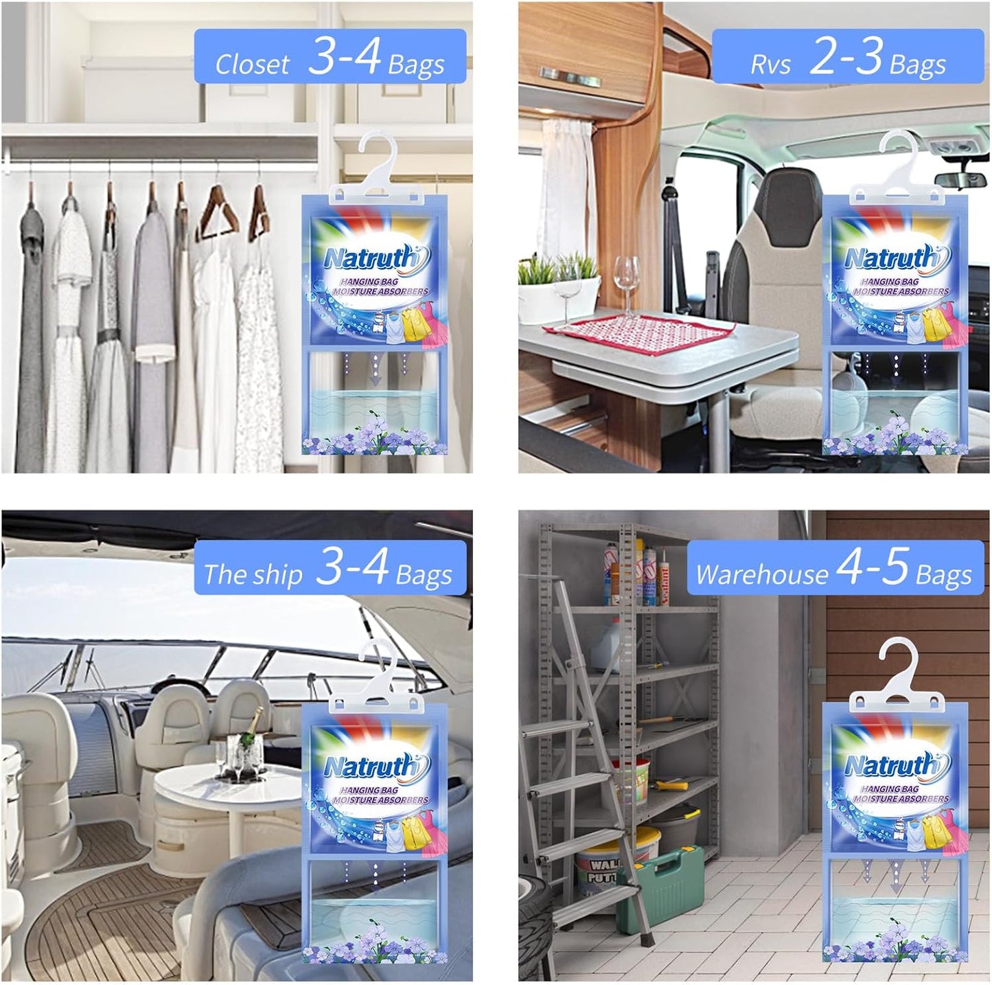 NATRUTH 12-PACK Moisture Absorber Bags With Fresh Linen,Desiccant Hanging Bag Use for Kitchen Bathroom Wardrobe, Eliminates Odors, Hanging Closet Dehumidifier Bags for Closet