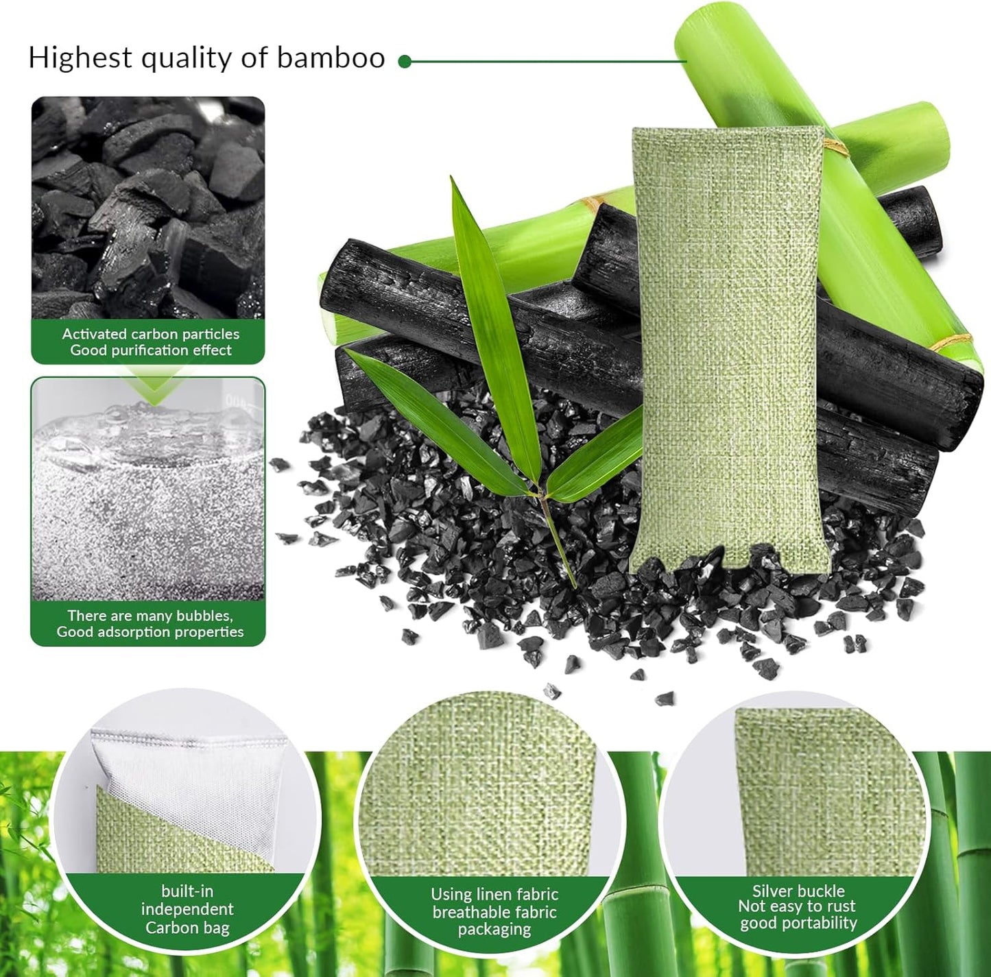 4 Pack charcoal odor absorber,Bamboo Charcoals Air Purifying Bag Charcoals Deodorizer Eliminator for Strong Odors in Car, Closet, Shoe, Basement (75G*4 Pack Light Green, Unscented)