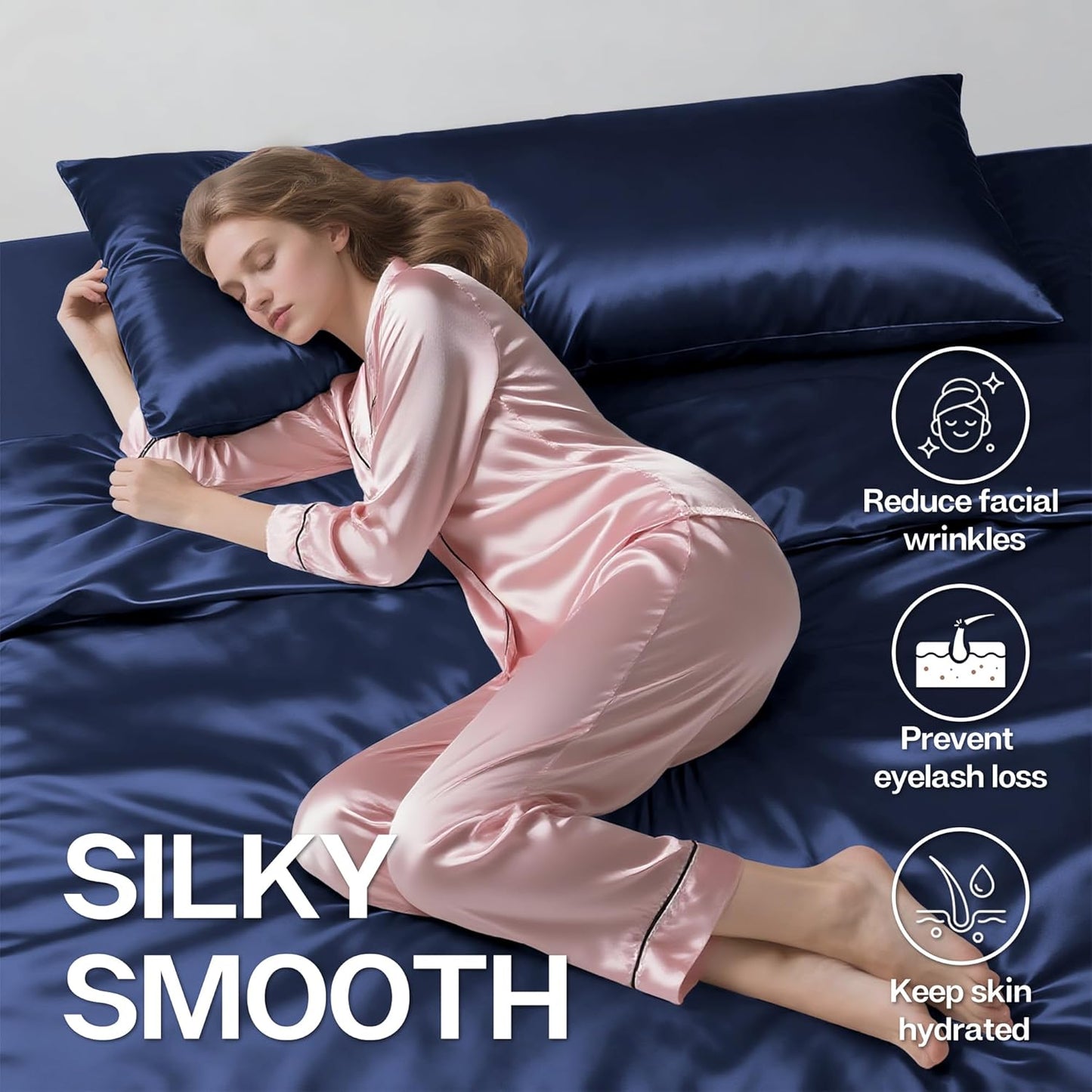 MR&HM Satin Body Pillow Cover, Soft and Breathable Body Pillow Case with Envelope Closure, Cooling and Silky Long Pillowcase for Hair and Skin,Grey (20x54, Navy Blue)