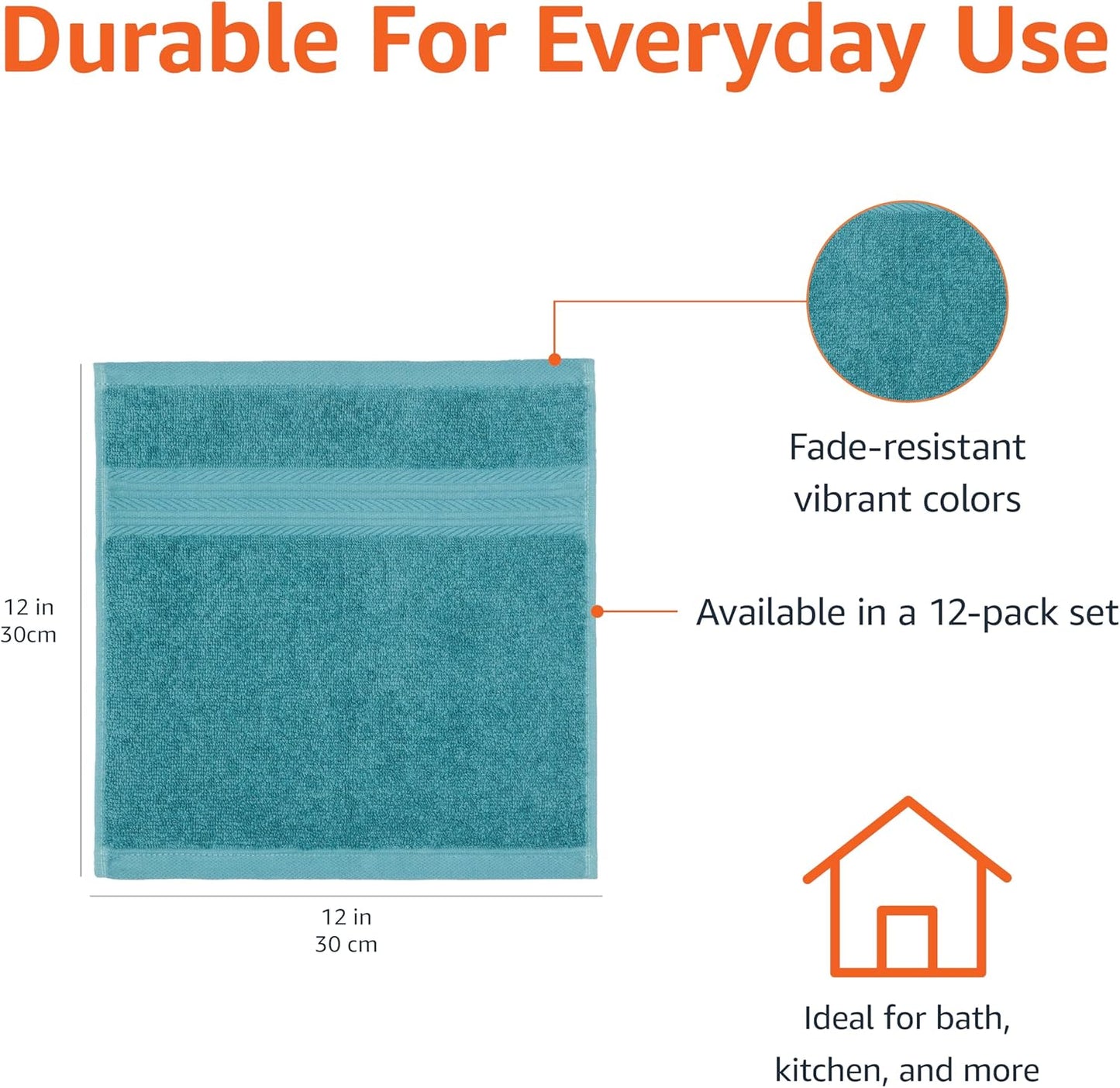 Amazon Basics Fade-Resistant 100% Cotton Washcloth, 12 Pack, 12"x12", Teal