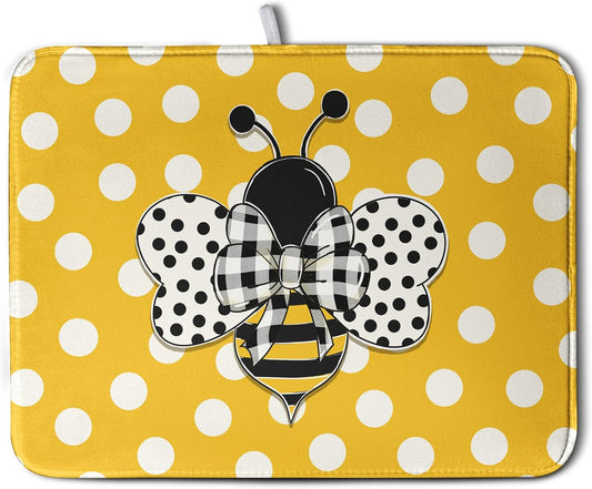 Bee Dish Drying Mat for Kitchen Counter 18x24 Inch Yellow Bumblebee Polka Dots Dishes Pad Cute Honey Bees Dish Draining Microfiber Absorbent Dish Drainer Rack Mat Large Kitchen Accessories