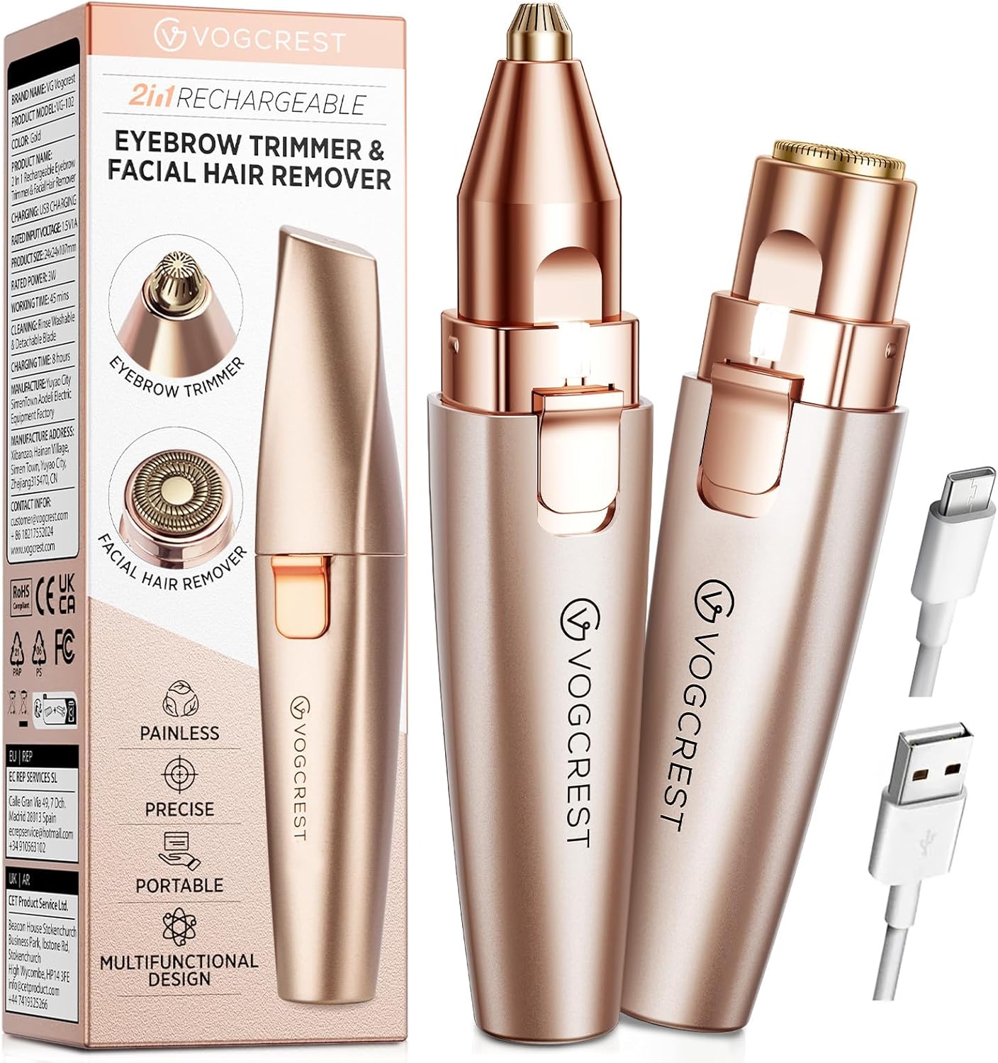 VG VOGCREST Eyebrow & Facial Trimmer: 2 in1 Rechargeable Facial Hair Removal & Eyebrow Shaver - Body Razor with Built-in LED Light (Rose Gold)