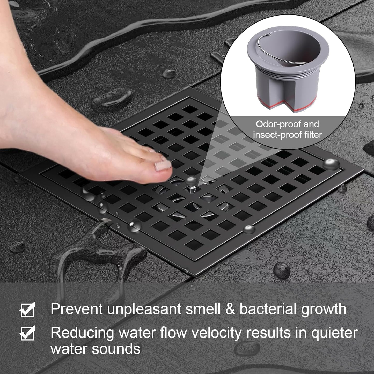 Square Shower Floor Drain with Flange, 4 Inch Matte Black Shower Drain Hair Catcher, SUS304 Stainless Steel Floor Drain Strainer, Shower Drain Cover