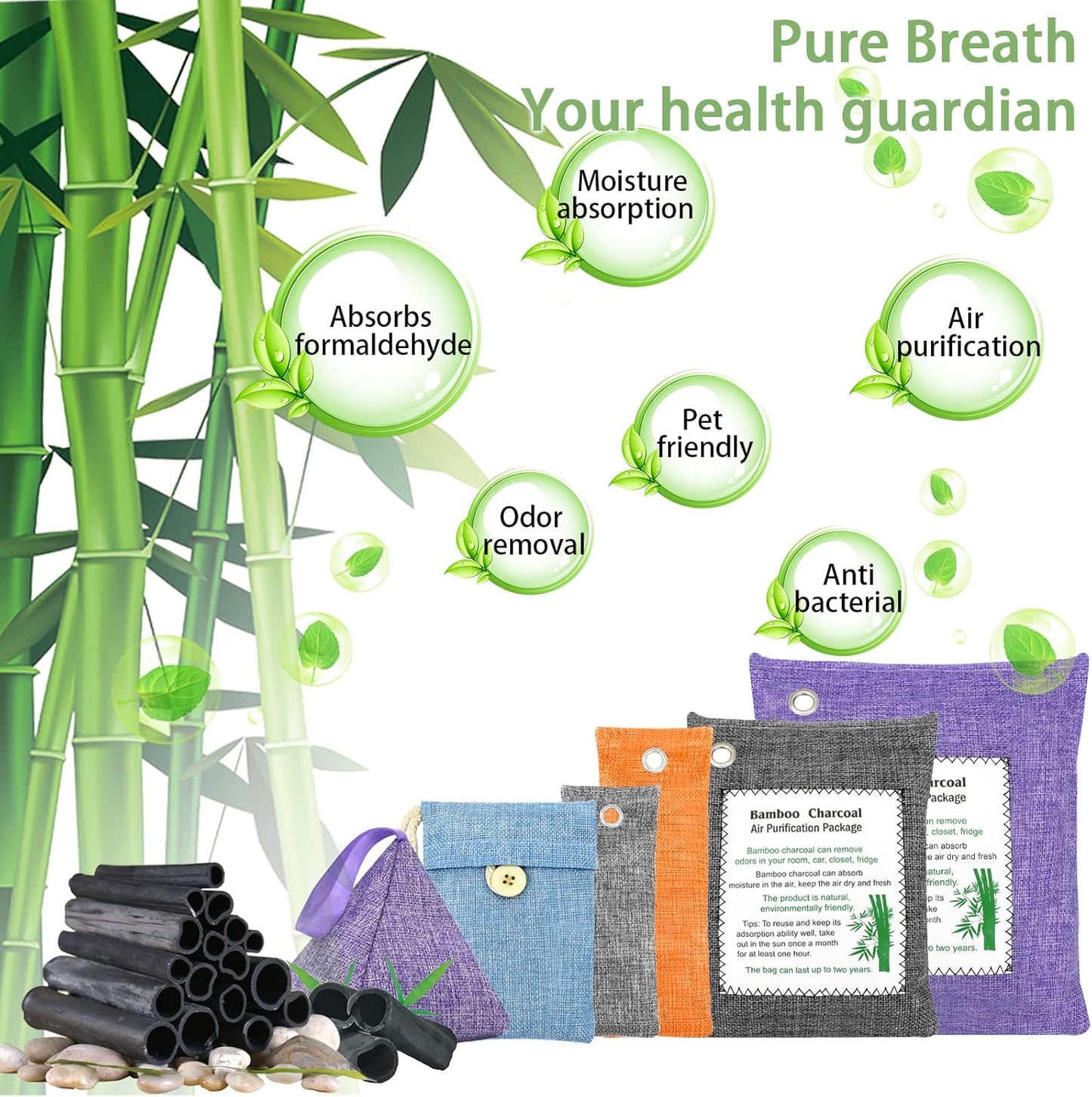 Bamboo Charcoal Bags Odor Absorber 12 Pack×100g Bamboo Charcoal Air Purifying Bags, for Car Air Fresheners, Odor Eliminator for Home，Shoe Deodorizer - Colorful-Activated Charcoal Odor Absorbers