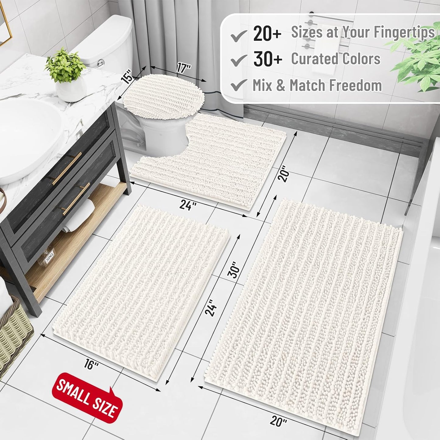 Arotive Luxury Chenille Bathroom Rug Mat, Extra Soft Thick Absorbent Shaggy Bath Rugs, Non-Slip Machine Wash Dry, Plush Bath Mats for Bathroom, Shower and Tub, 36x24, Ivory