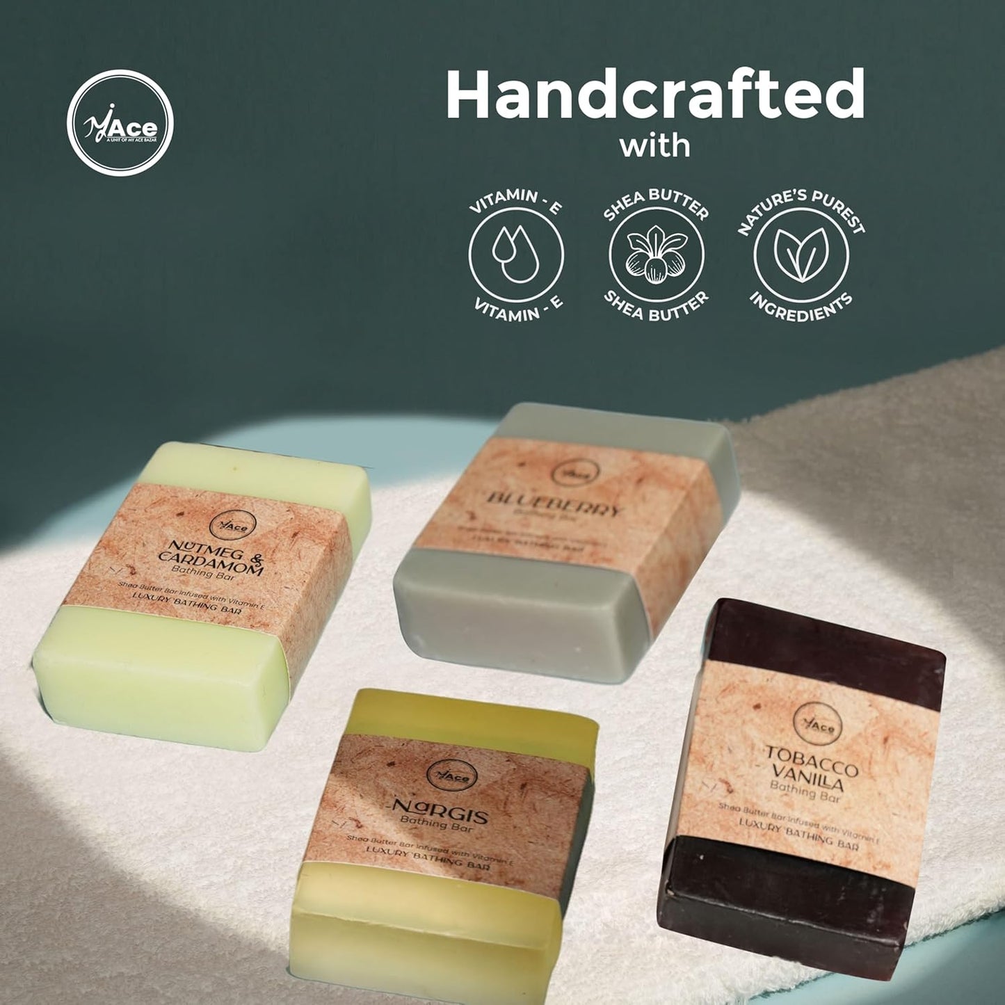 MY ACE Handmade Soap Set – 4 Bathing Bars: Nutmeg & Cardamom, Tobacco Vanilla, Blueberry & Nargis – SLES & Paraben-Free, Coconut Oil, Shea Butter & Vitamin E – Gentle & Moisturizing, 3.5 oz Each