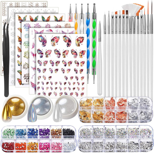 FANDAMEI Nail Decorations For Nail Art, Nail Art Kit, Nail Design Kit, Nail Brushes, Rhinestones For Nails, Nail Stickers, Pearl Chrome Nail Powder, Chrome Powder For Nails, Nail Design Tools, White