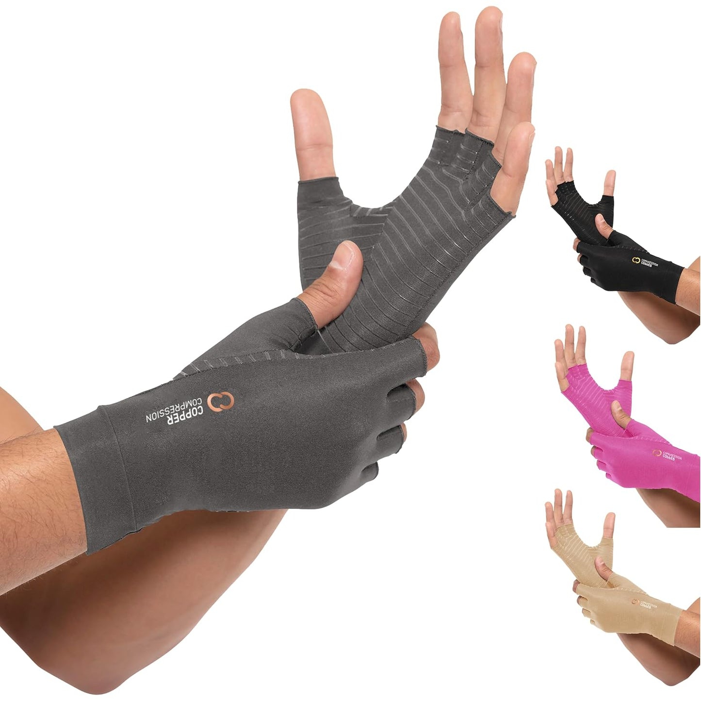 Copper Compression Arthritis Gloves | Fingerless Arthritis Carpal Tunnel Pain Relief for Men & Women | Hand Support Wrist Brace for Neuropathy, Rheumatoid, Tendonitis, Swelling, Crocheting, Typing Grey S