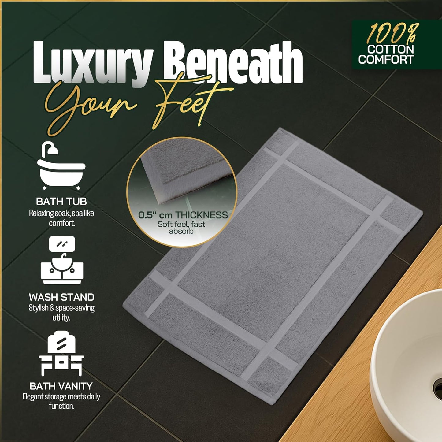 Pearl Linens Pack of 6 Washable Cotton Bath Mat 18x25 - Soft & Absorbent Quick Dry Bathroom Mat Set, Not Bathroom Rugs After Shower Mat, Terry Bath Tub Mat, 687 GSM Light Grey