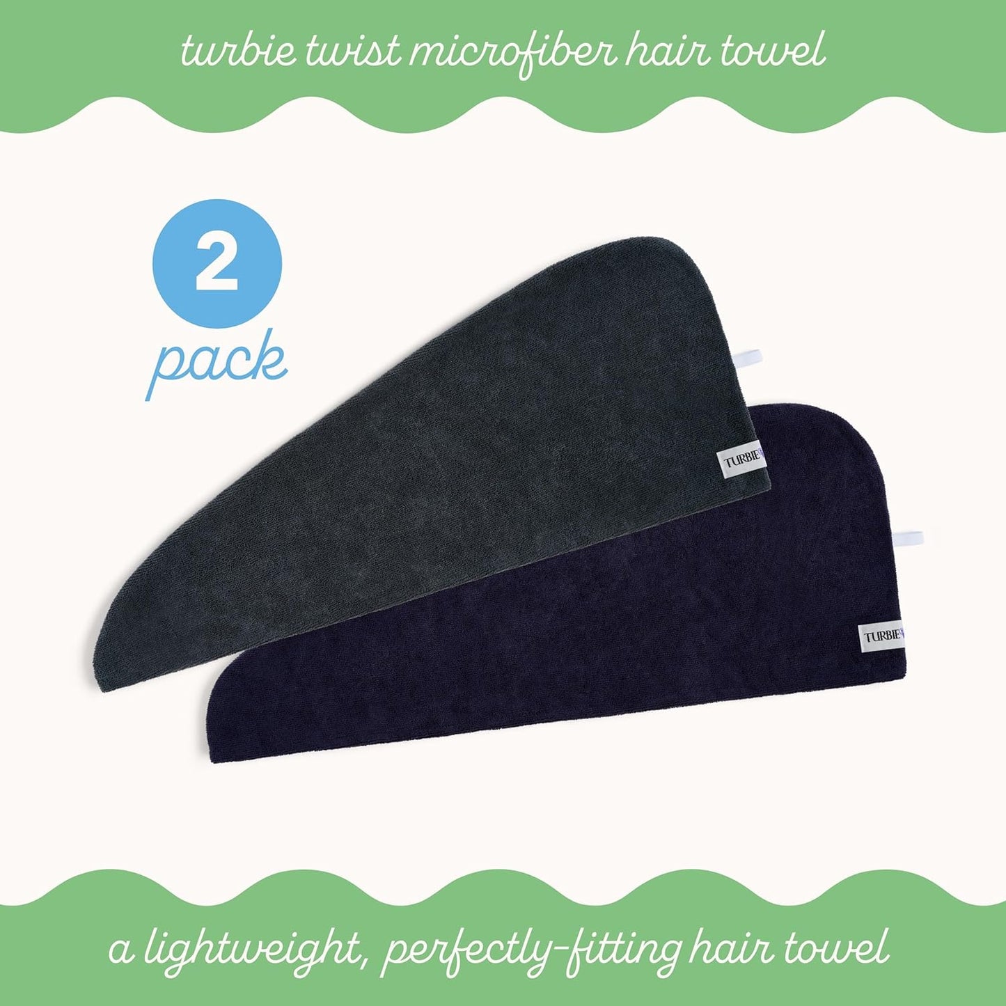Turbie Twist 2-Pack Microfiber Hair Towel for Beauty, Travel, Gifting - Wrap Turban for Straight, Wavy & Curly Hair - Premium Personal Care- Evening Blue & Dark Shadow
