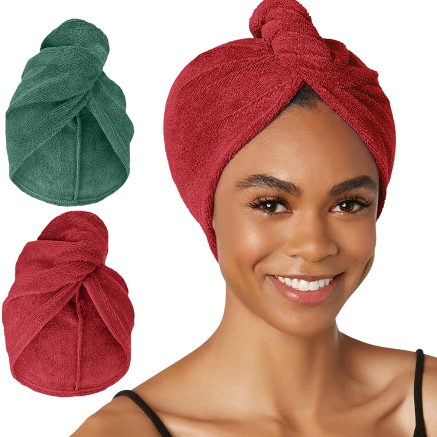 Turbie Twist 2-Pack Microfiber Hair Towel for Beauty, Travel, Gifting - Hair Wrap Turban for Straight, Wavy & Curly Hair - Premium Personal Care - Green & Red