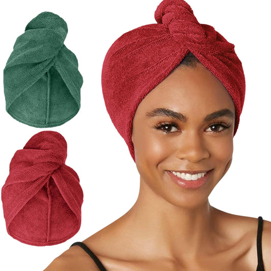Turbie Twist 2-Pack Microfiber Hair Towel for Beauty, Travel, Gifting - Hair Wrap Turban for Straight, Wavy & Curly Hair - Premium Personal Care - Green & Red