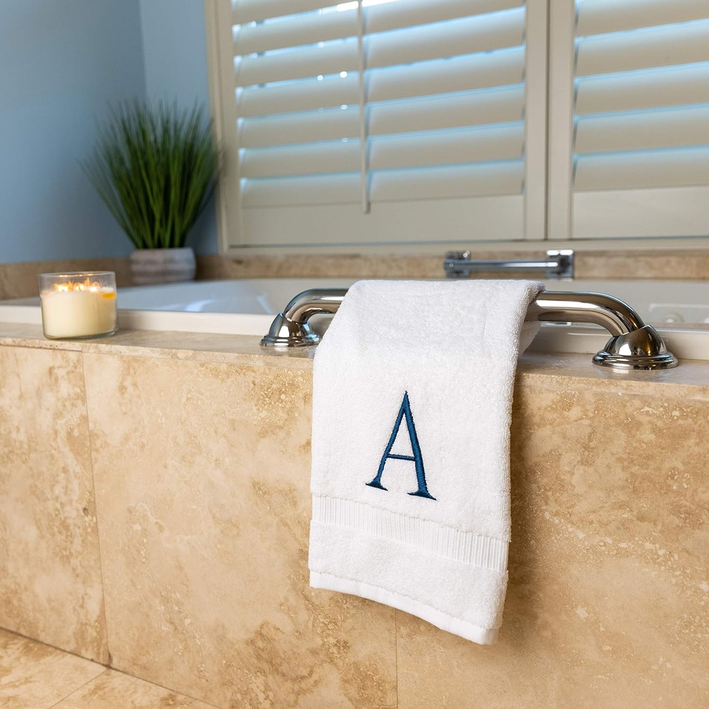 Monogrammed Hand Towels for Bathroom - Luxury Hotel Quality Personalized Initial Decorative Embroidered Bath Towel for Powder Room, Spa - GOTS Organic Certified - Set of 2 Navy Letter A