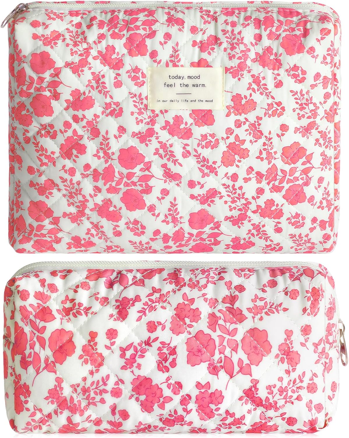 2Pcs Quilted Makeup Bag Set Flower Cute Pencil Case Large Small Travel Makeup Pouch Set for Women Coquette Makeup Bag Aesthetic Cotton Cosmetic Bag Pink Toiletry Organizer Storage Bag Big Zipper Pouch