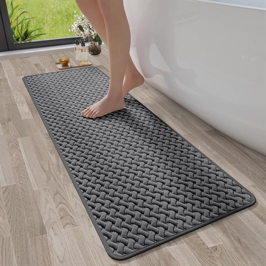 Bathroom Runner Rug Non Slip, Super Absorbent Quick Dry Long Bath Mat, Foam Weave Texture Rubber Backing Ultra Thin Bathroom Mats Fit Under Door Bathroom Floor Bathtub Shower