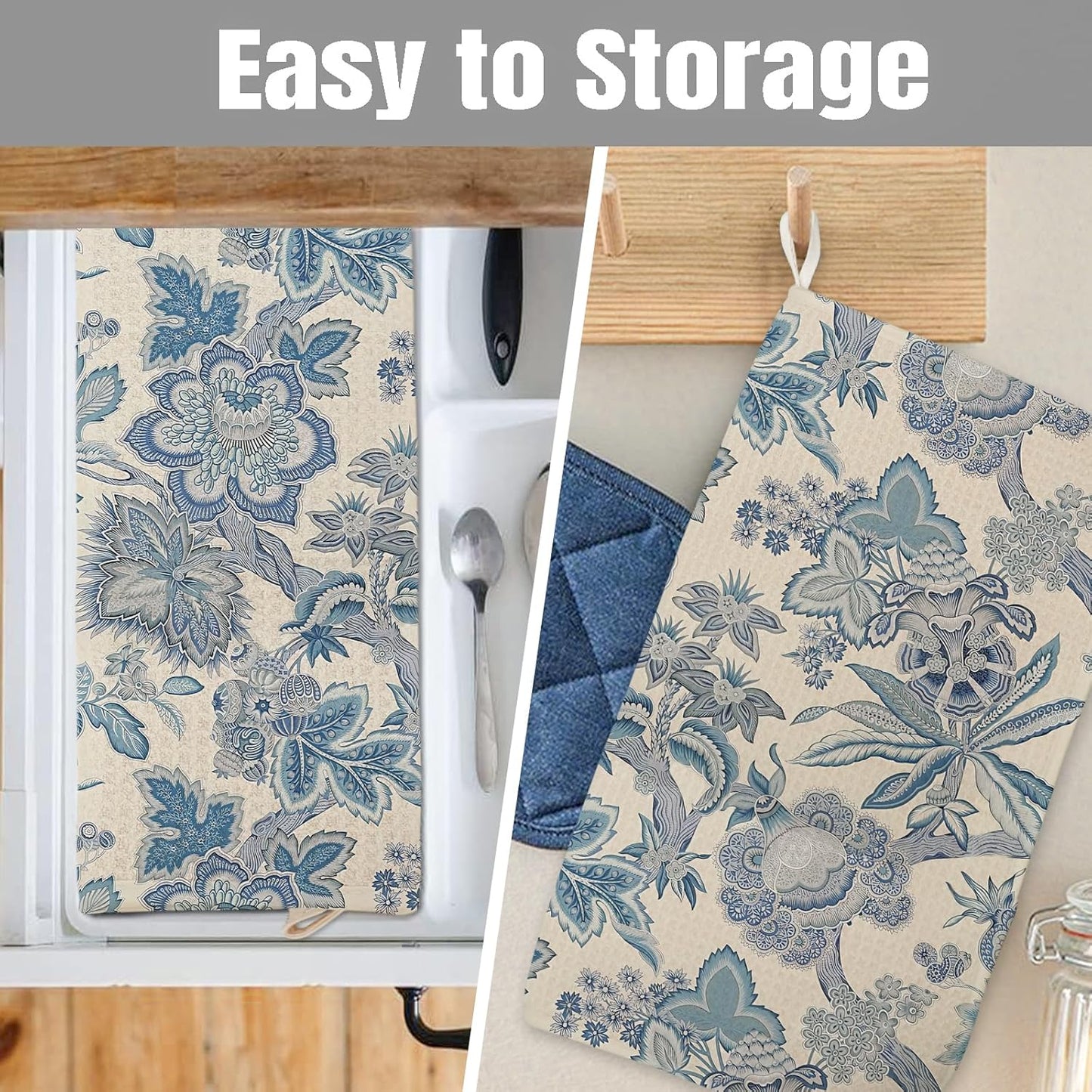 Dish Drying Mat for Kitchen Counter Large 16" x 18" Retro Blue Flower Absorbent Microfiber Dishes Drainer Rack Mats Pad Reusable Washable