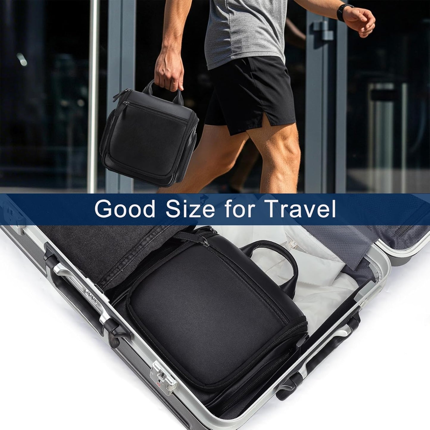 Masa Kawa Leather Hanging Travel Toiletry Bag for Men Portable Expandable Camping Cosmetics Makeup Toiletries Organizer Waterproof Bathroom Shaving Kit Black Wash Bags