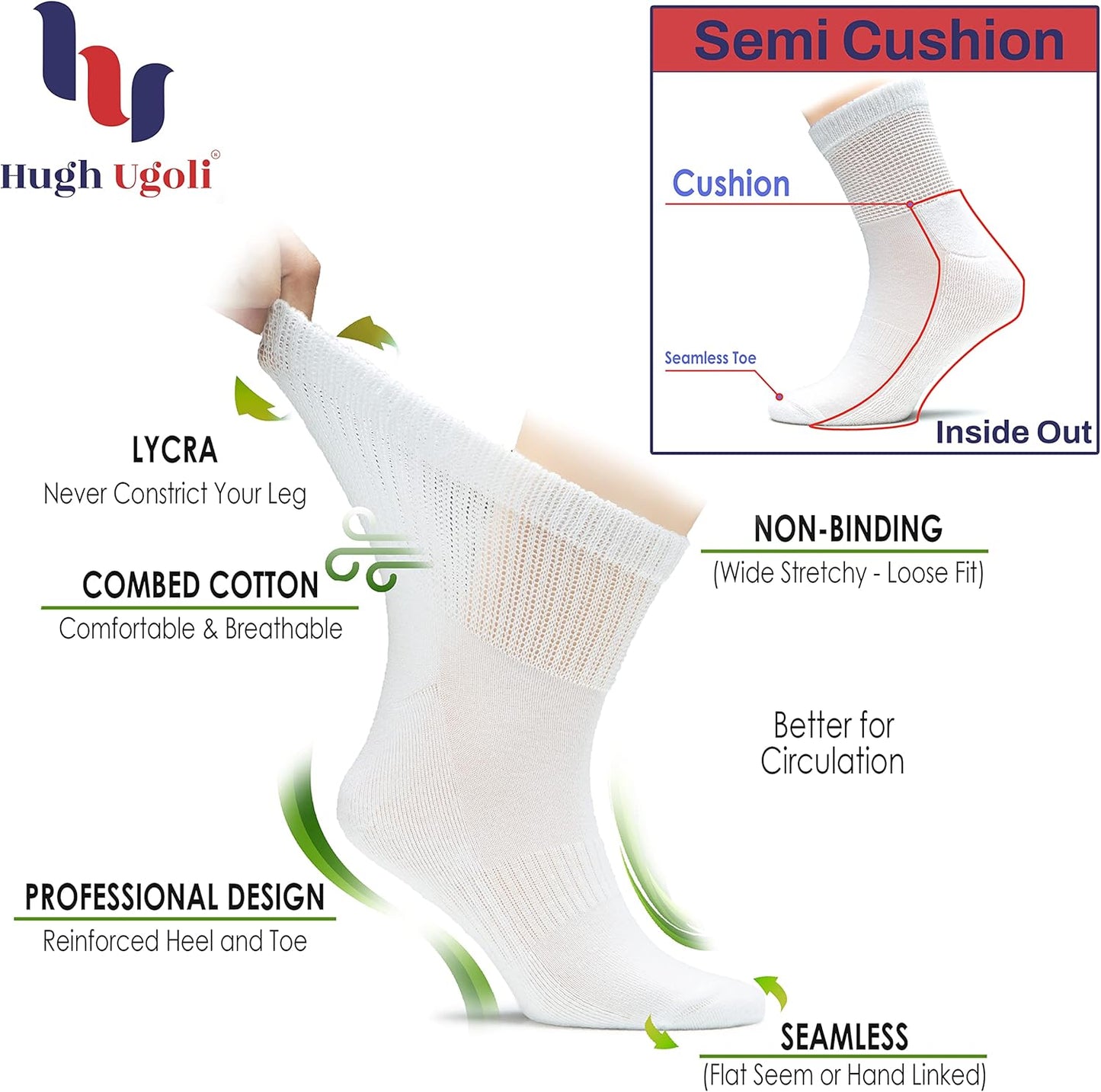 Hugh Ugoli Women's Cotton Diabetic Ankle Socks, Wide, Loose, Stretchy, Seamless Toe, Non Binding Top Semi Cushion, 3-6 Pairs