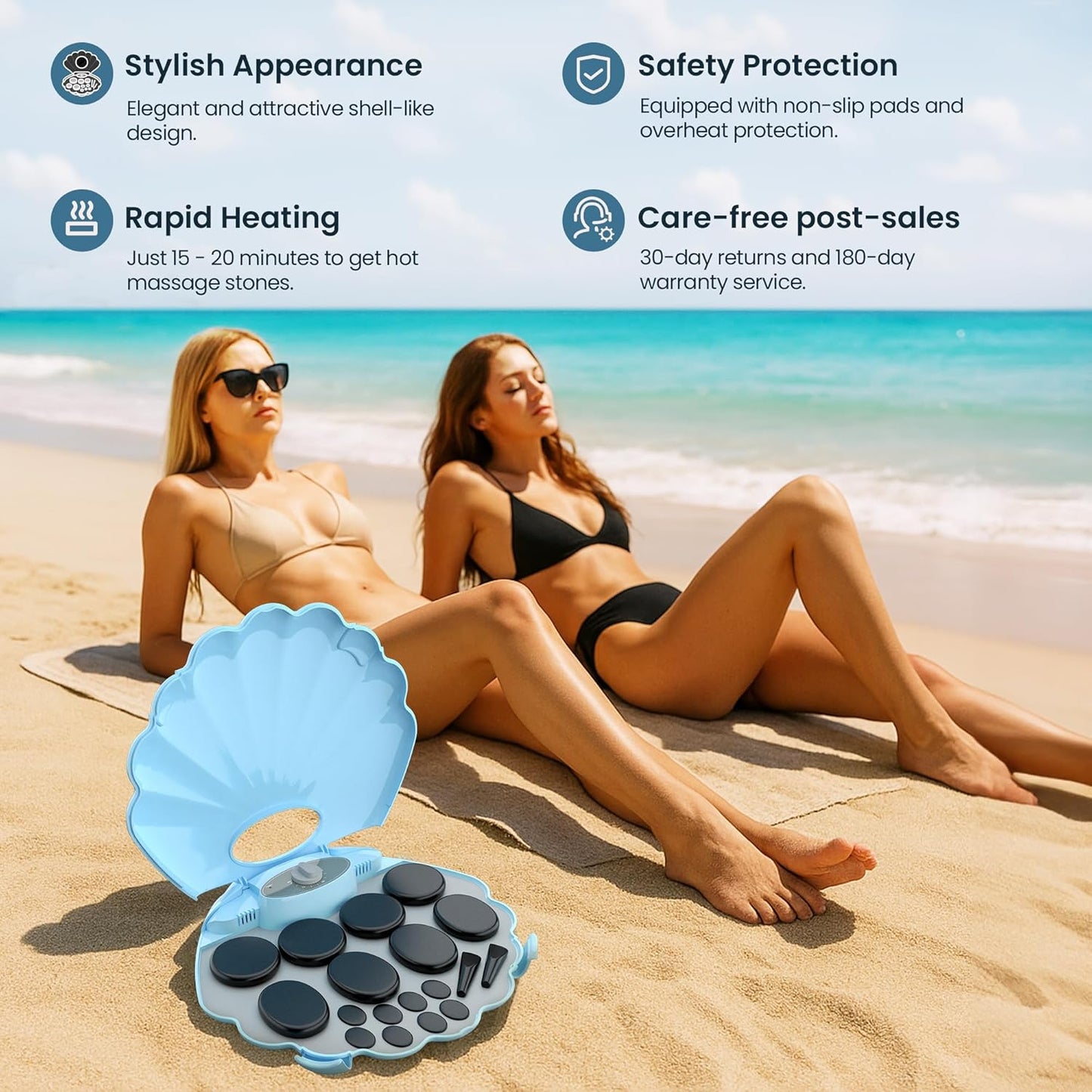 Shell Hot Stones Massage Set, 18-Piece Basalt Hot Stones with Heater Kit, Featuring an Elegant Seashell Design for Spa Use. Perfect for Relaxation, Healing, and Pain Relief. （Blue）