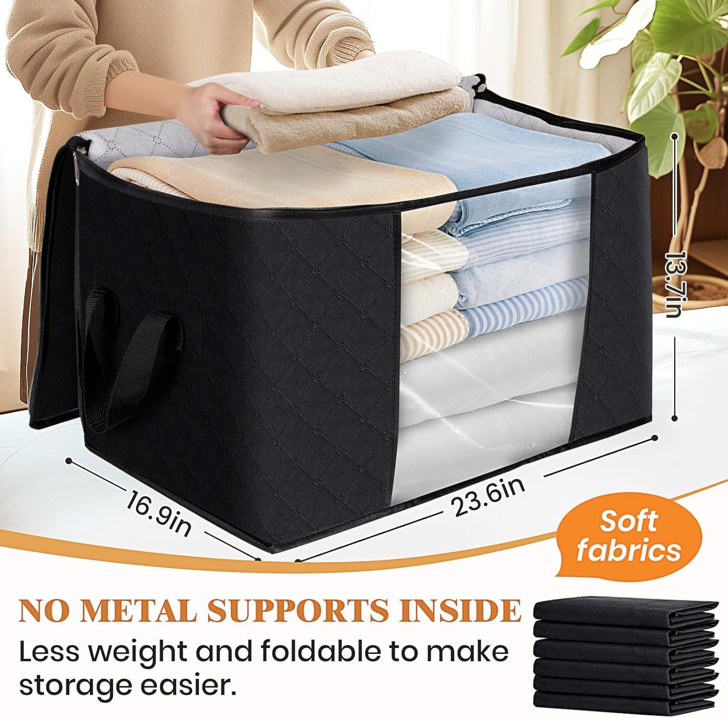 Fab totes 24 Gallons Clothes Storage, Foldable Thick Fabric Blanket Storage Bags, Containers for Organizing Bedroom, Closet, Clothing, Comforter, Organization with Handle (8 Pack,Black)