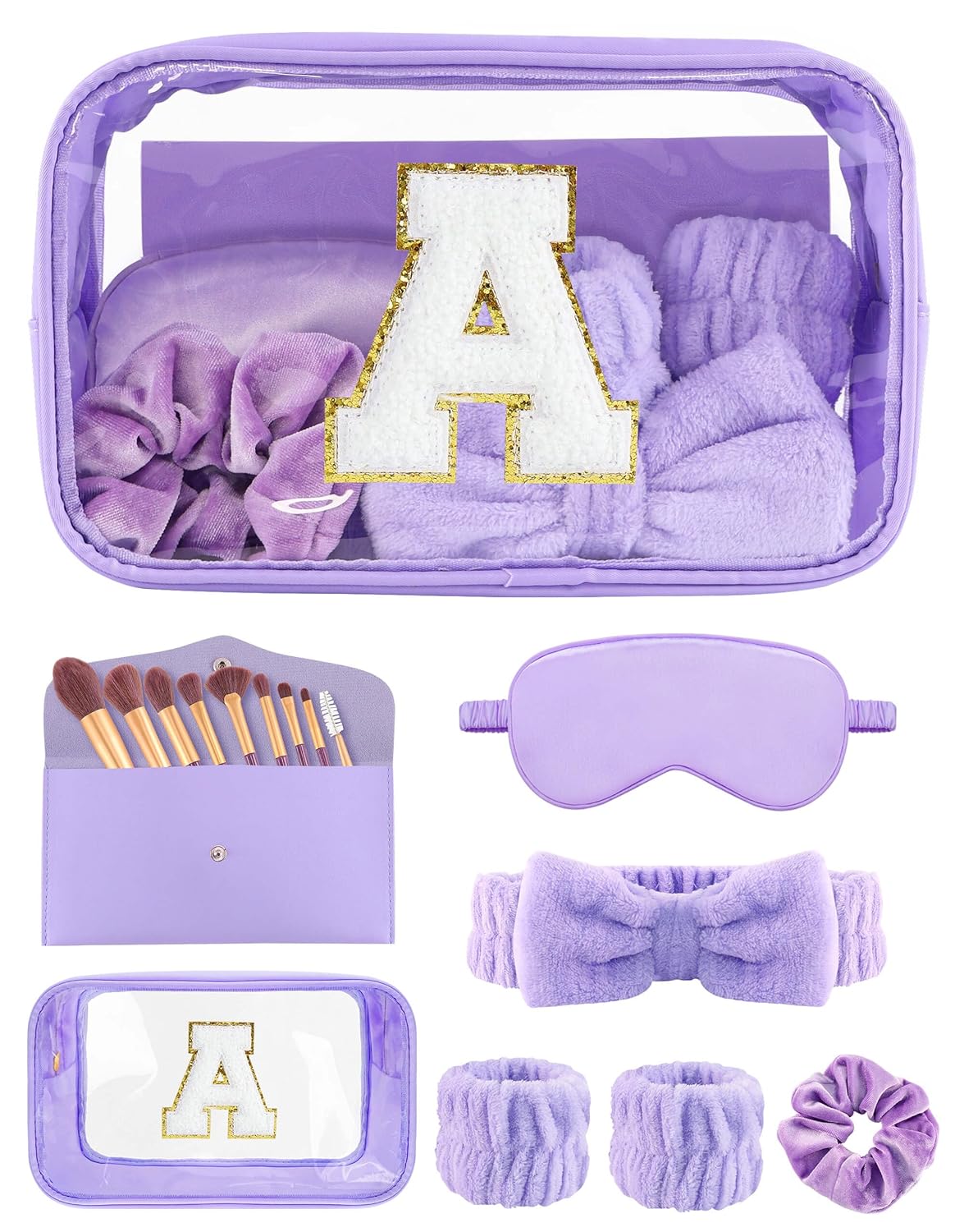 Gift Sets for Women, Initial Makeup Bag with Makeup Brush Set Bachelorette Party Favors, Purple Spa Kit with Skincare Headbands Wrist Bands Sleepover Party Supplies Gifts for Teen Girls Bridesmaid A