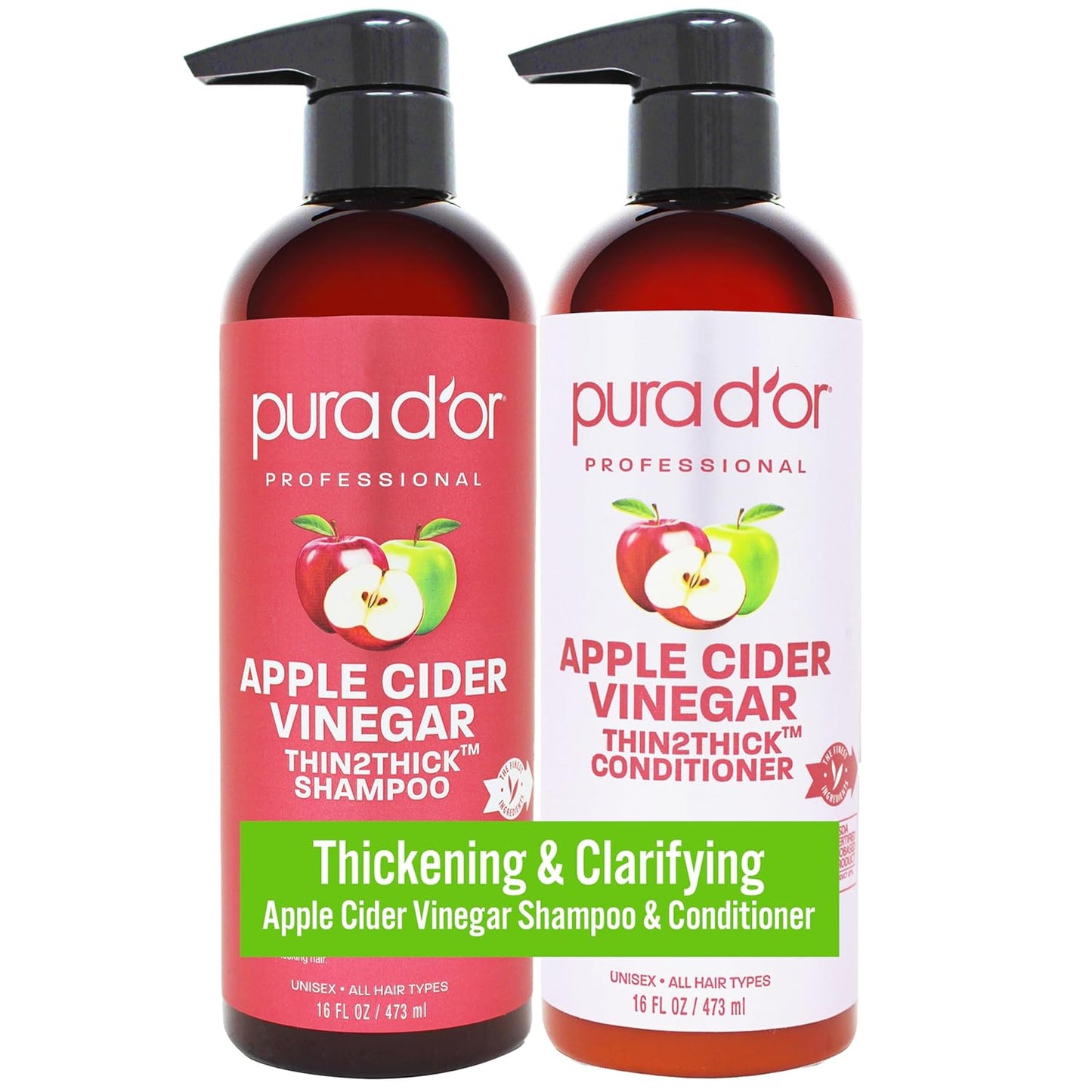 PURA D'OR Apple Cider Vinegar Thin2Thick Set (16oz x 2) ACV Shampoo & Conditioner, Clarifying - Biotin, Keratin, Caffeine, Castor Oil, Aloe - All Hair Types, Men & Women (Packaging may vary)