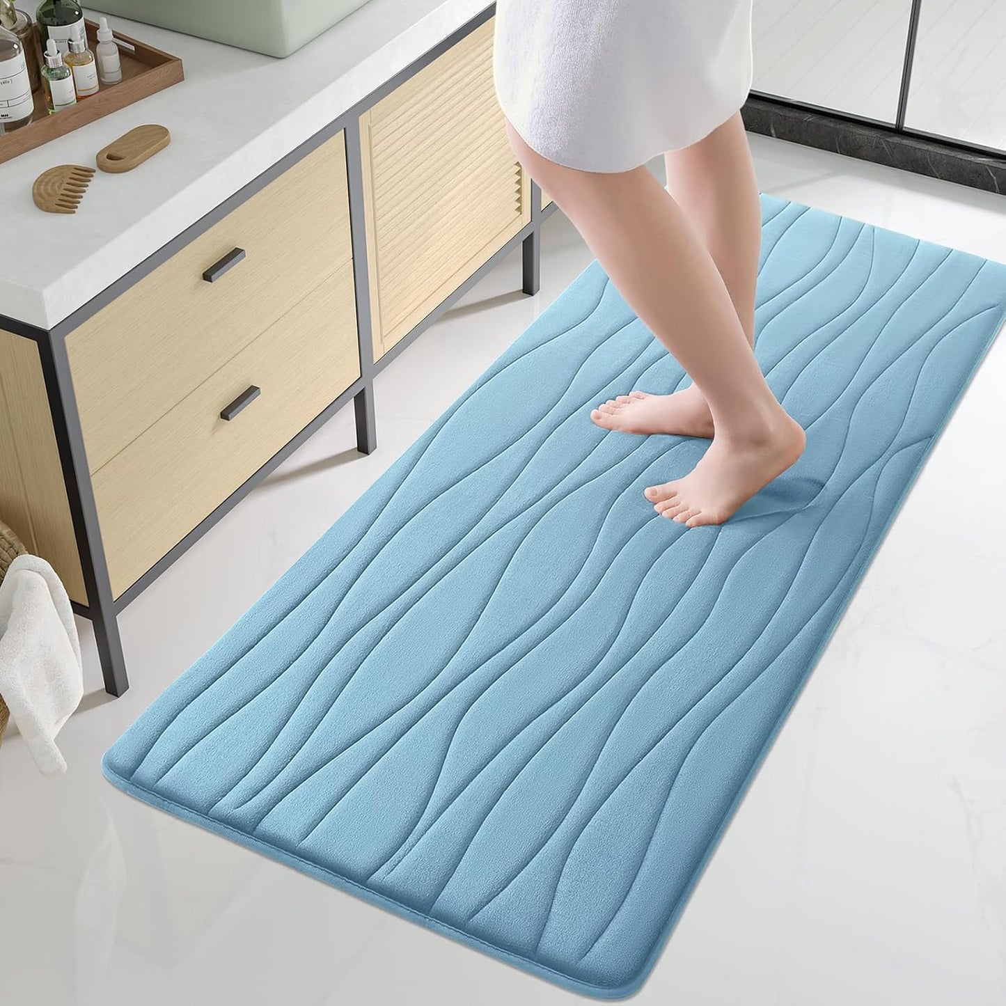 Buganda Memory Foam Bathroom Rug Mat 44x24, Extra Soft and Absorbent Bath Mats, Non-Slip and Machine Washable Bath Rugs for Bathroom Floor,Tub and Shower, Blue