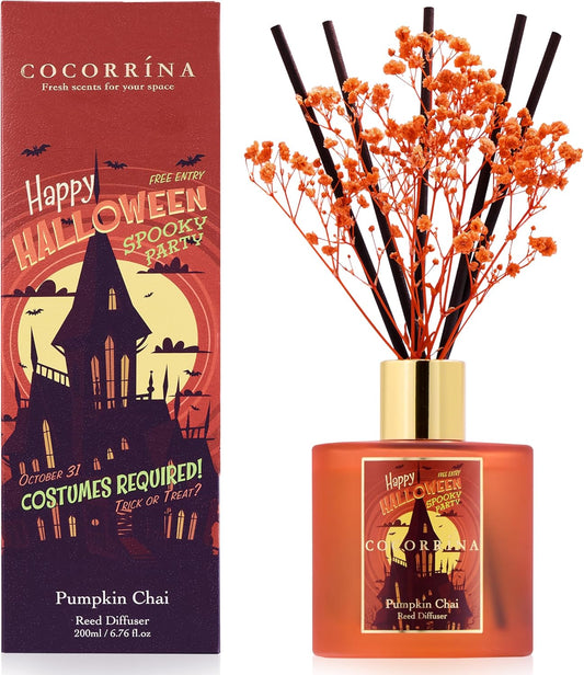 COCORRÍNA Reed Diffuser - Pumpkin Chai 6.7 fl oz Scented Diffuser with 8 Sticks Home Fragrance Bathroom Shelf Decor (Halloween Collection)