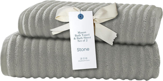 Blue Loom Ribbed Bath Sheet & Towel, 100% Cotton 600 GSM, Soft Absorbent Durable Quick Drying Bath Sheet & Bath Towel Set for Bathroom - Mason Set of 2 Stone Grey (65" x 45" & 58" x 30")