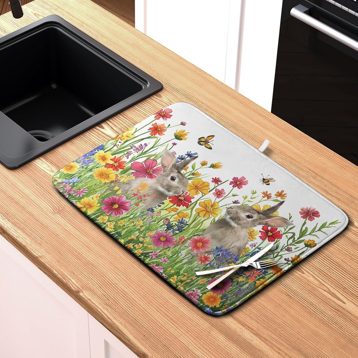 Easter Dish Drying Mat for Kitchen Counter Easter Bunny Flowers Dish Drying Pad Spring Rabbit Floral Dishes Drainer Mats Absorbent Microfiber Kitchen Countertop Protector Drying Mats 18x24 in