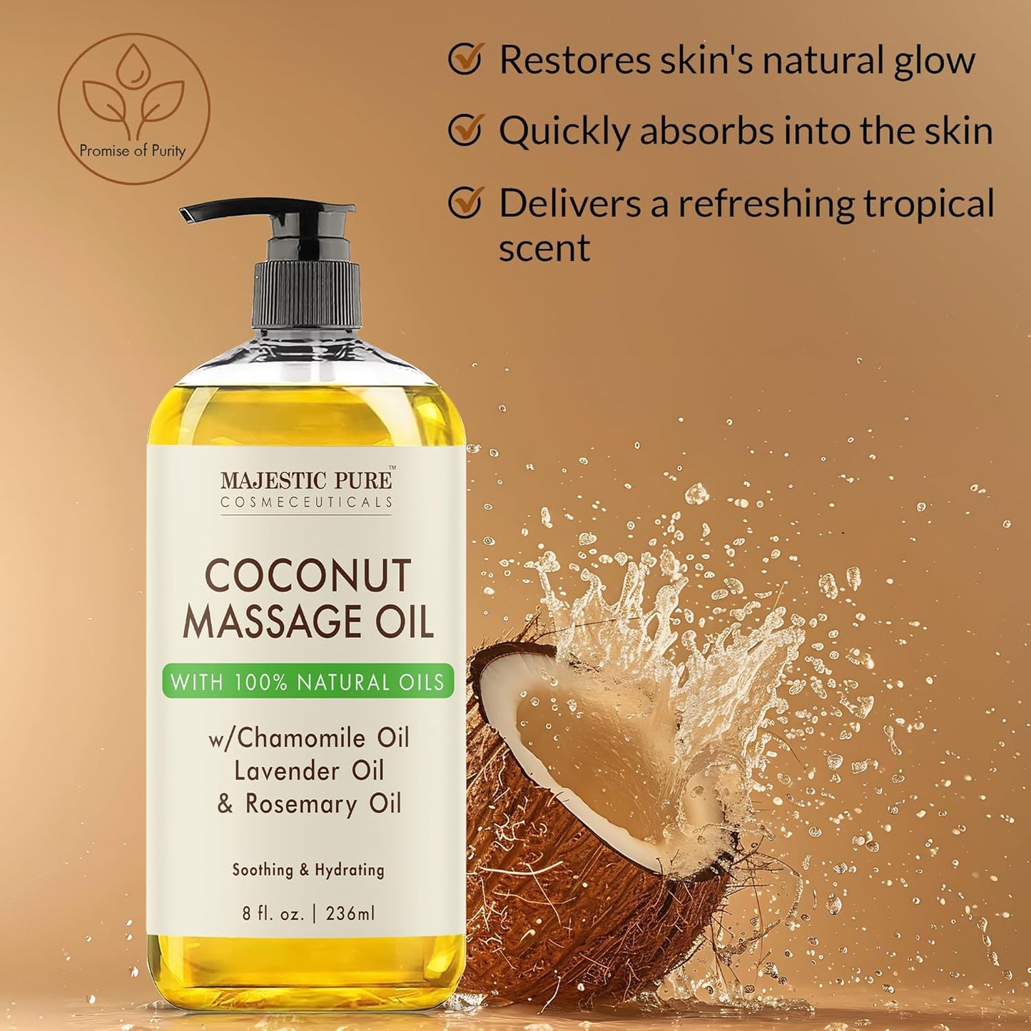 MAJESTIC PURE Coconut Massage Oil for Massage Therapy - Refreshing, and Relaxing - Natural Oils - for All Skin Types - Men and Women - 8 fl oz