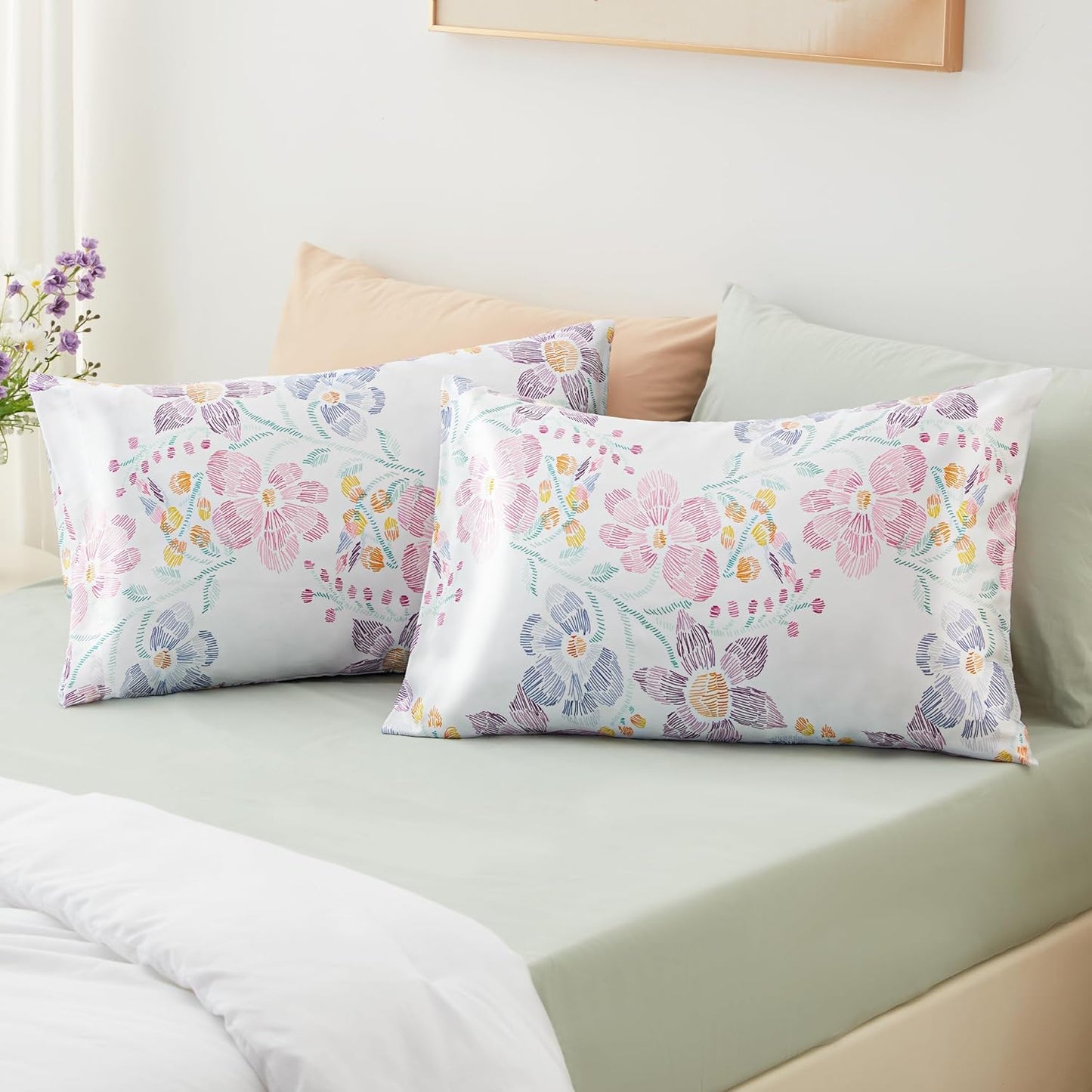 EXQ Home Satin Pillowcase for Hair and Skin Queen - Flower Silk Pillowcase 2 Pack 20x30 inches - Satin Pillow Cases Set of 2 with Envelope Closure