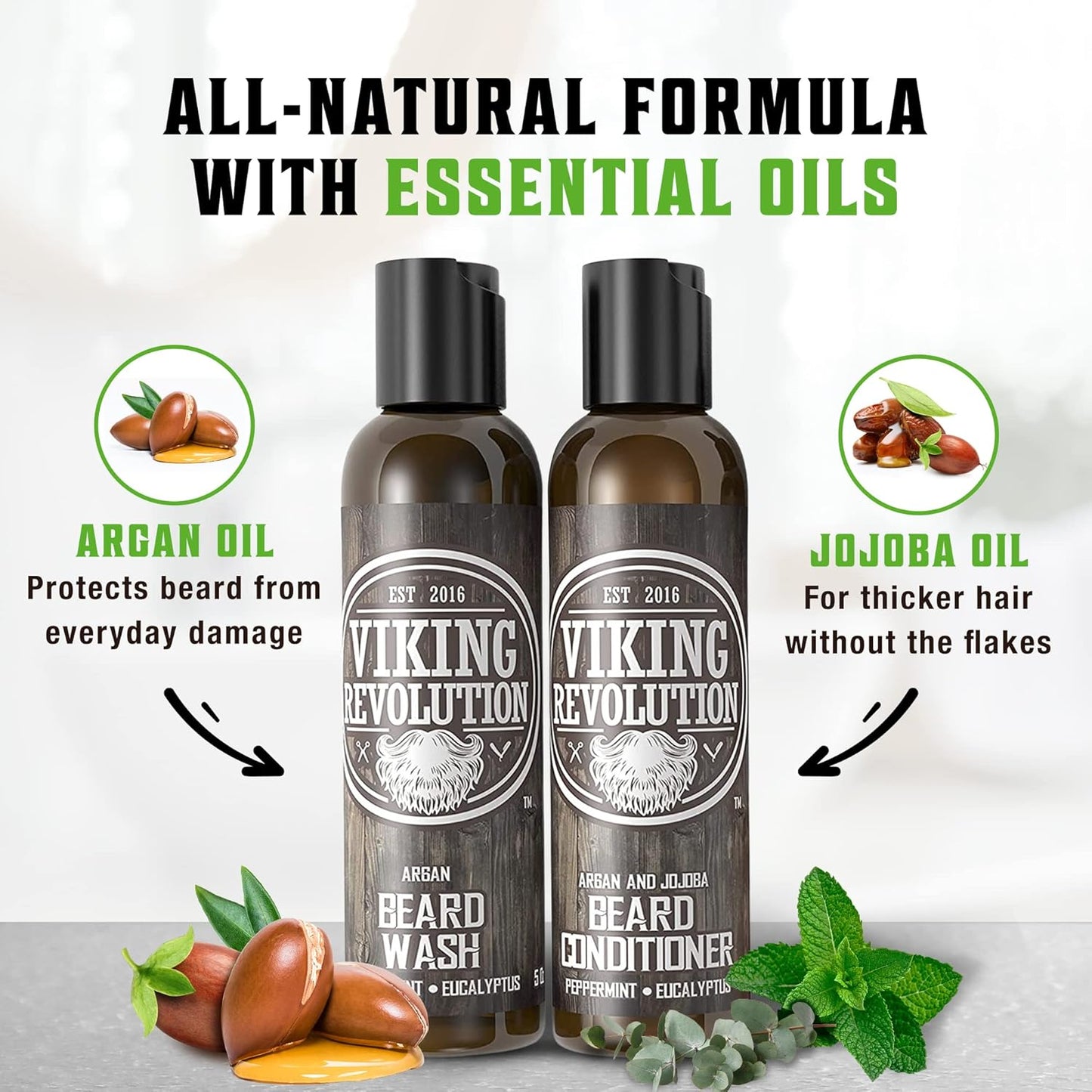 Viking Revolution Beard Care Set with Argan & Jojoba Oils - Softens, Smooths & Nourishes Facial Hair Growth - Peppermint and Eucalyptus Scented Wash & Conditioner (5 oz)