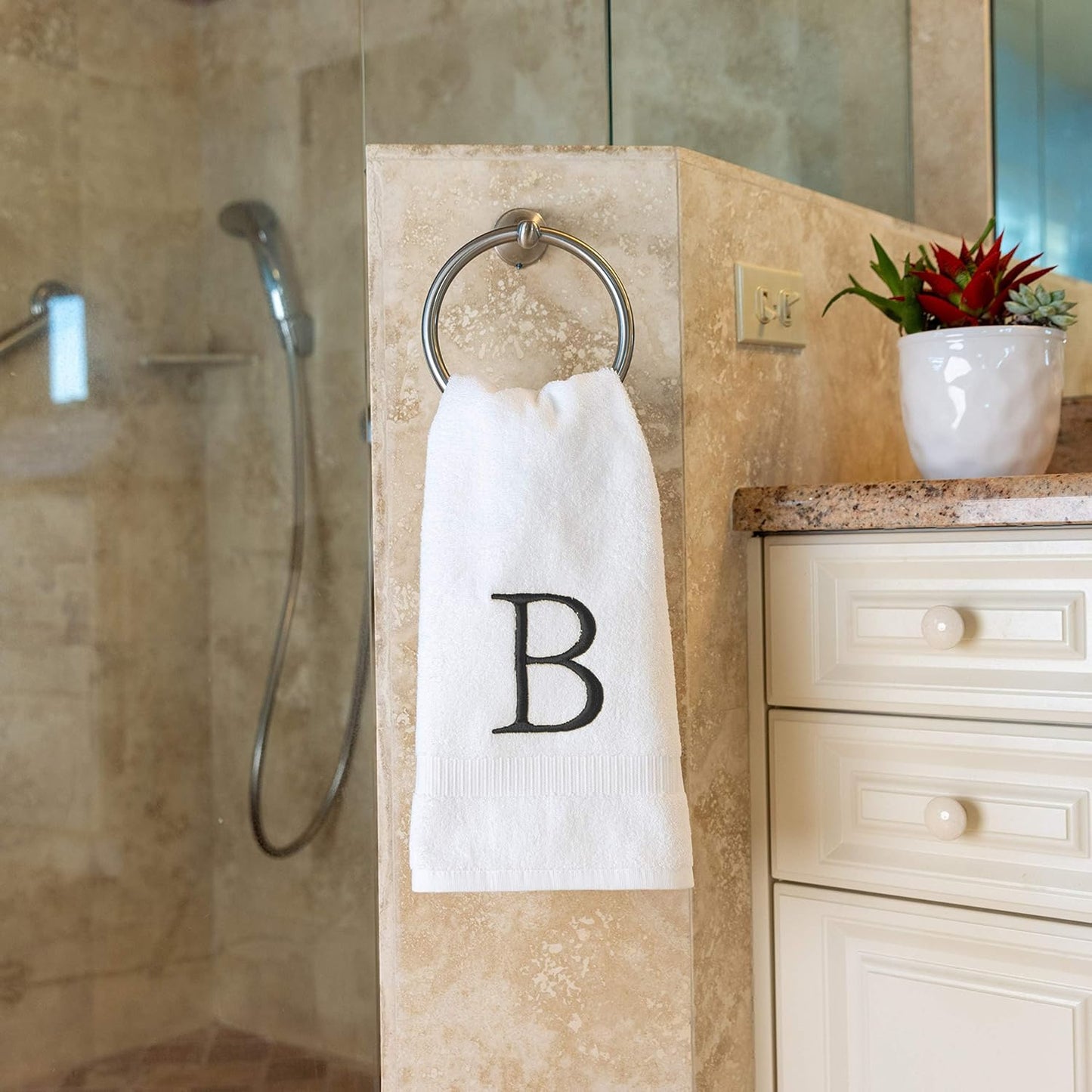 Dark Gray and White Bathroom Hand Towel - Monogrammed Luxury Hotel Quality Decorative Embroidered Towel for Powder Room, Spa - GOTS Organic Certified - Pack of 2, Letter B