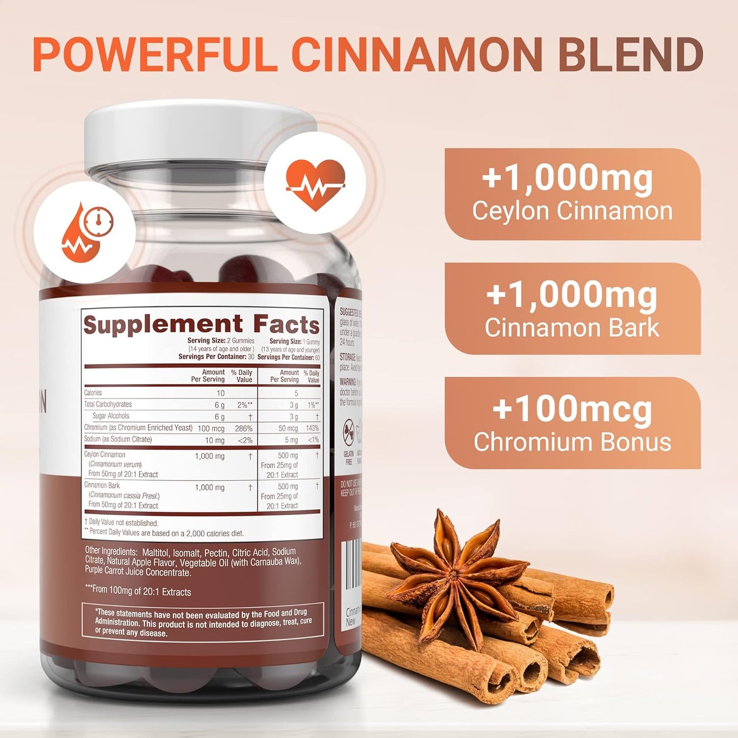Purify Life Sugar-Free Ceylon Cinnamon Gummies (2,000mg/Serving) Ceylon Cinnamon Supplement for Brain Health, Vegan, Gluten-Free, Replace Ceylon Cinnamon Capsules, Pills, Powder, Extract (60 Chews)