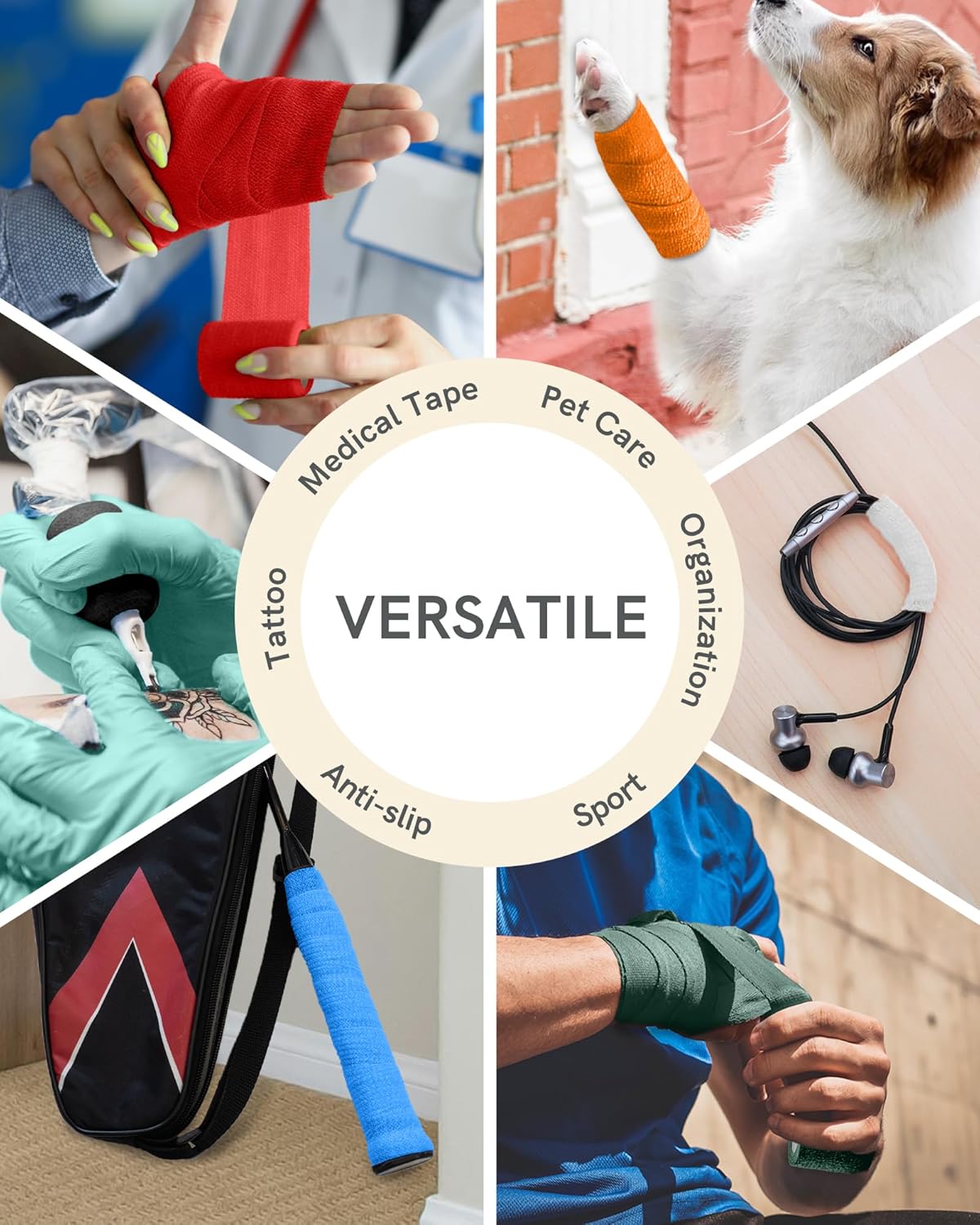 FriCARE Self Adhesive Bandage Wrap, Medical Tape in First Aid Kit, Cohesive Bandages for Wounds Sport Vet, 2 Inches X 5 Yards 12 Rolls, Brilliant