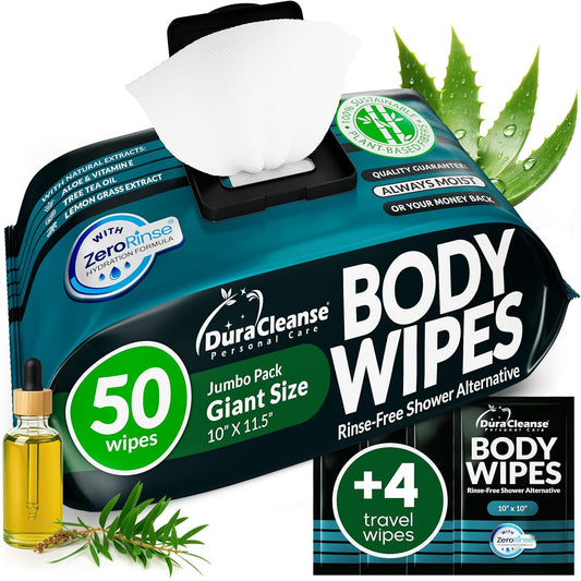 XL Body Wipes for Men - 50 No Rinse Shower Sheets + 4 Travel Bath Sachets - 9"x12" After Gym Mens Deodorant Wipes - Adult Disposable Washcloths, Face Towels for Camping Essentials & Survival Gear