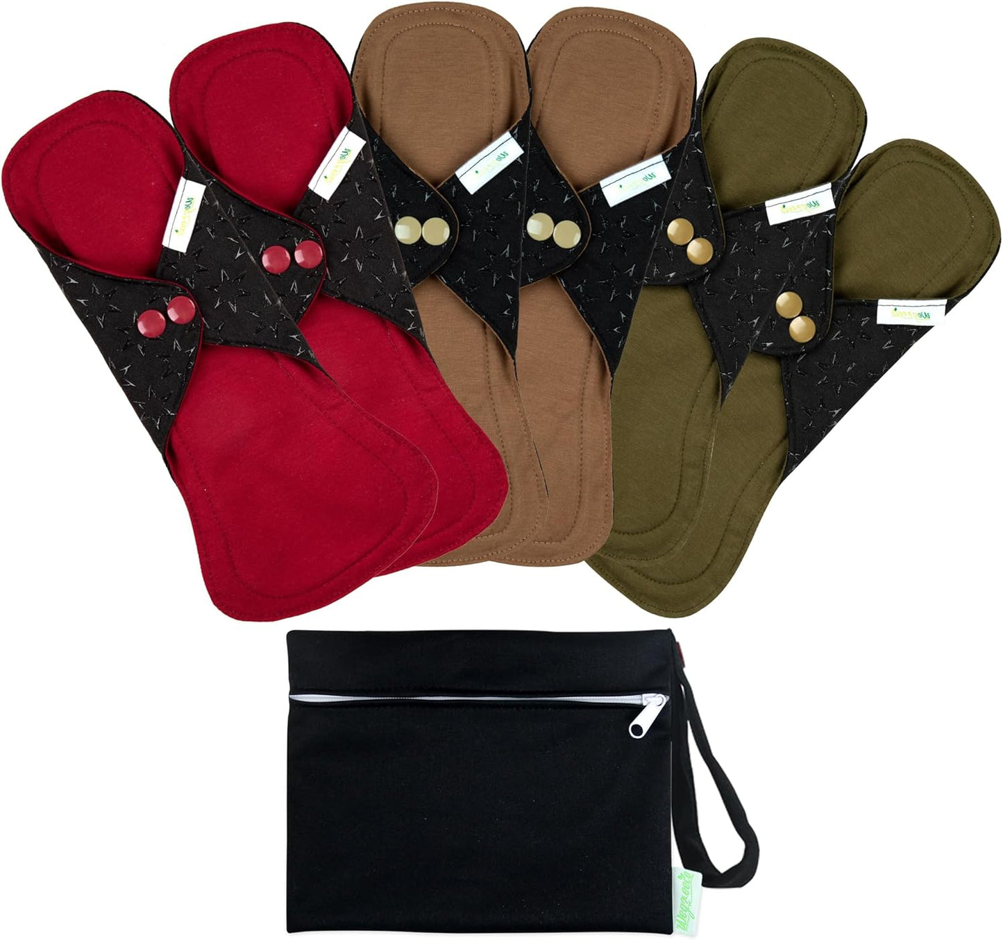 wegreeco 6 Pcs Reusable Menstrual Pads, Ultra Absorbent Cloth Pads for Light/Heavy Flow, Sanitary for Teens, Women, Nonslip Panty Liners + Bag (Aqua, Burgundy, Coffee, L)