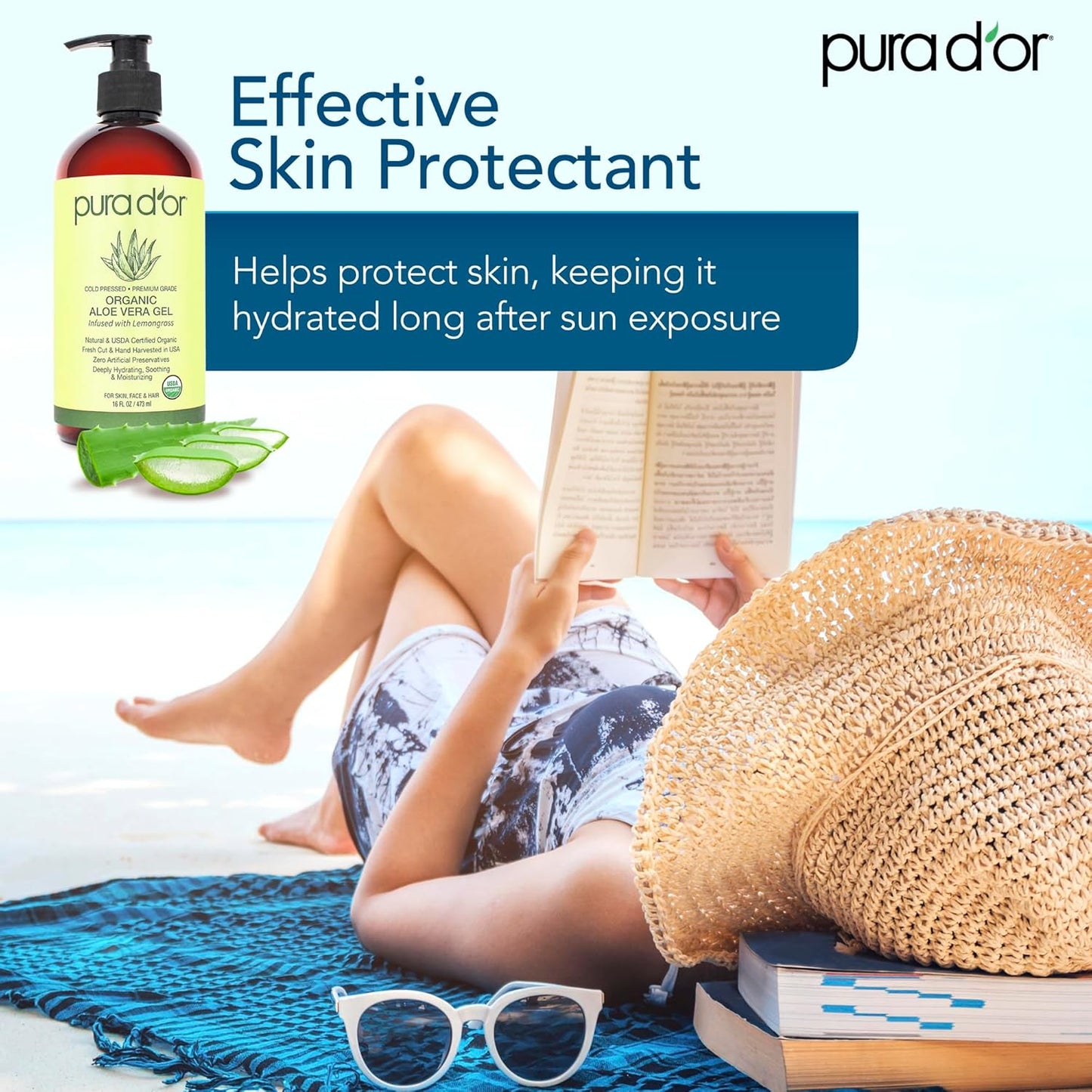 PURA D'OR 16 Oz ORGANIC Aloe Vera Gel - Lemongrass - All Natural - ZERO Artificial Preservatives - Deeply Hydrating & Moisturizing - Sunburn, Bug Bites, Rashes, Small Cuts, Eczema Relief - Skin & Hair