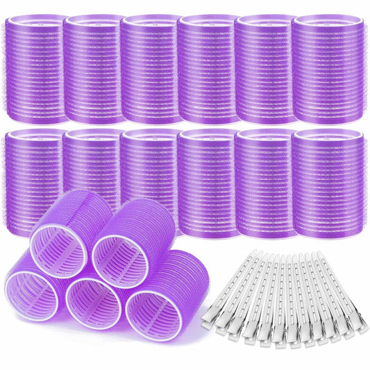 Acejoz Hair Rollers, 12Pcs Large Self-Grip Hair Curlers with 12Pcs Stainless Steel Duckbill Clips, for Long Medium Thick Hair Volume (Purple)