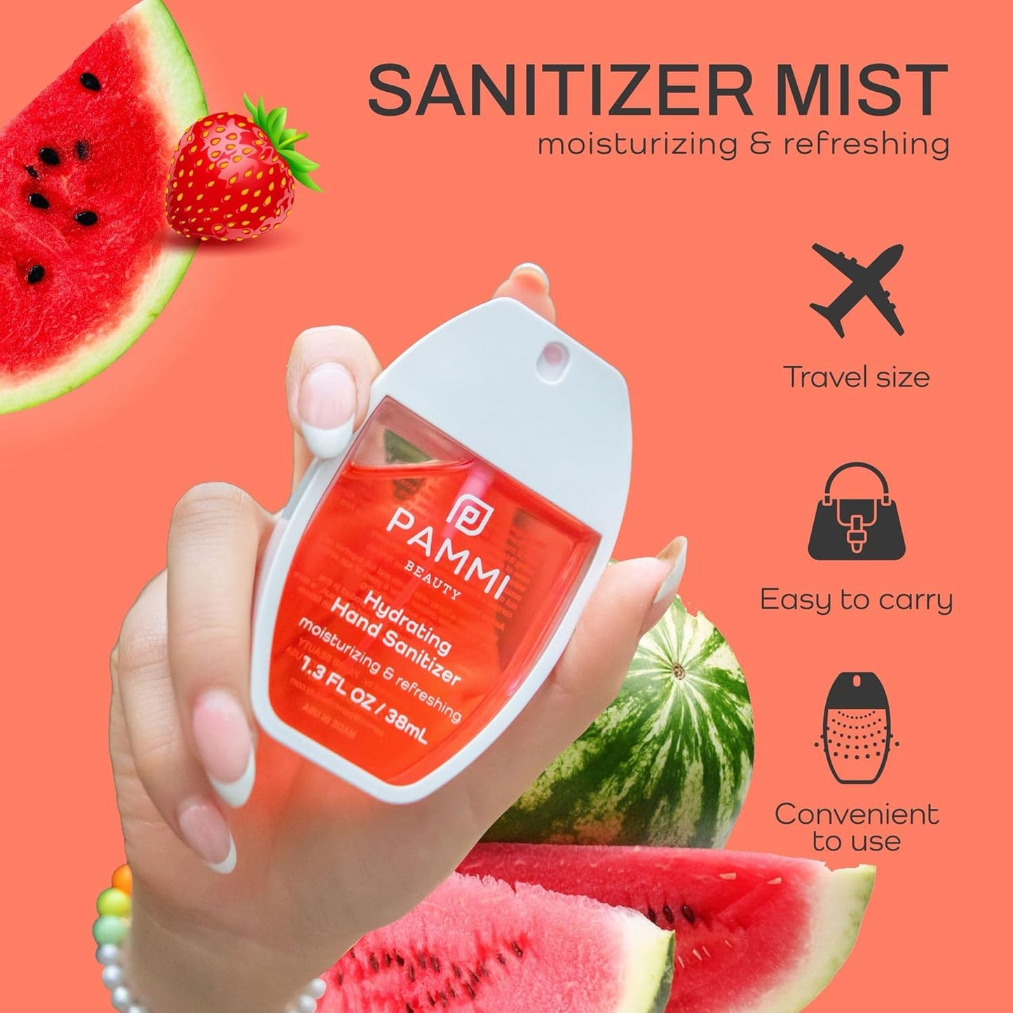 PAMMI Power Mist Hydrating Hand Sanitizer Spray, Portable Travel Size Pocket Hand Sanitizer, Scented Handsanitizer Mini Spray For Car - 600 Sprays (2 Packs (Strawberry Watermelon))