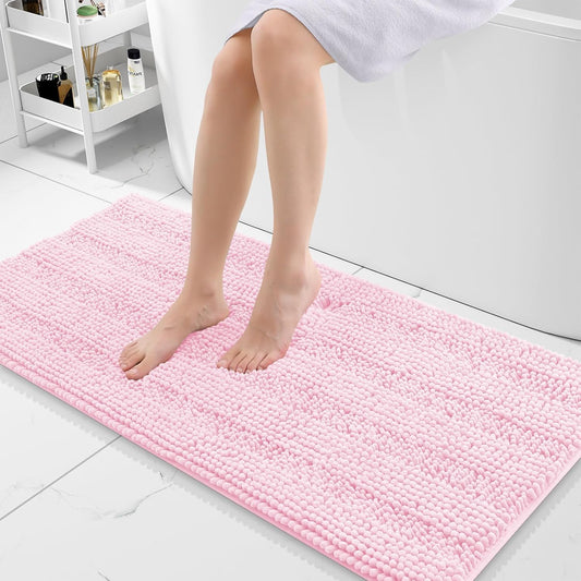 Grandaily Chenille Striped Bathroom Rugs 47x20, Extra Thick and Absorbent Bath Mats, Non-Slip Soft Plush Shaggy Shower Carpet, Machine Wash Dry, Bath Rug for Bathroom, Pink