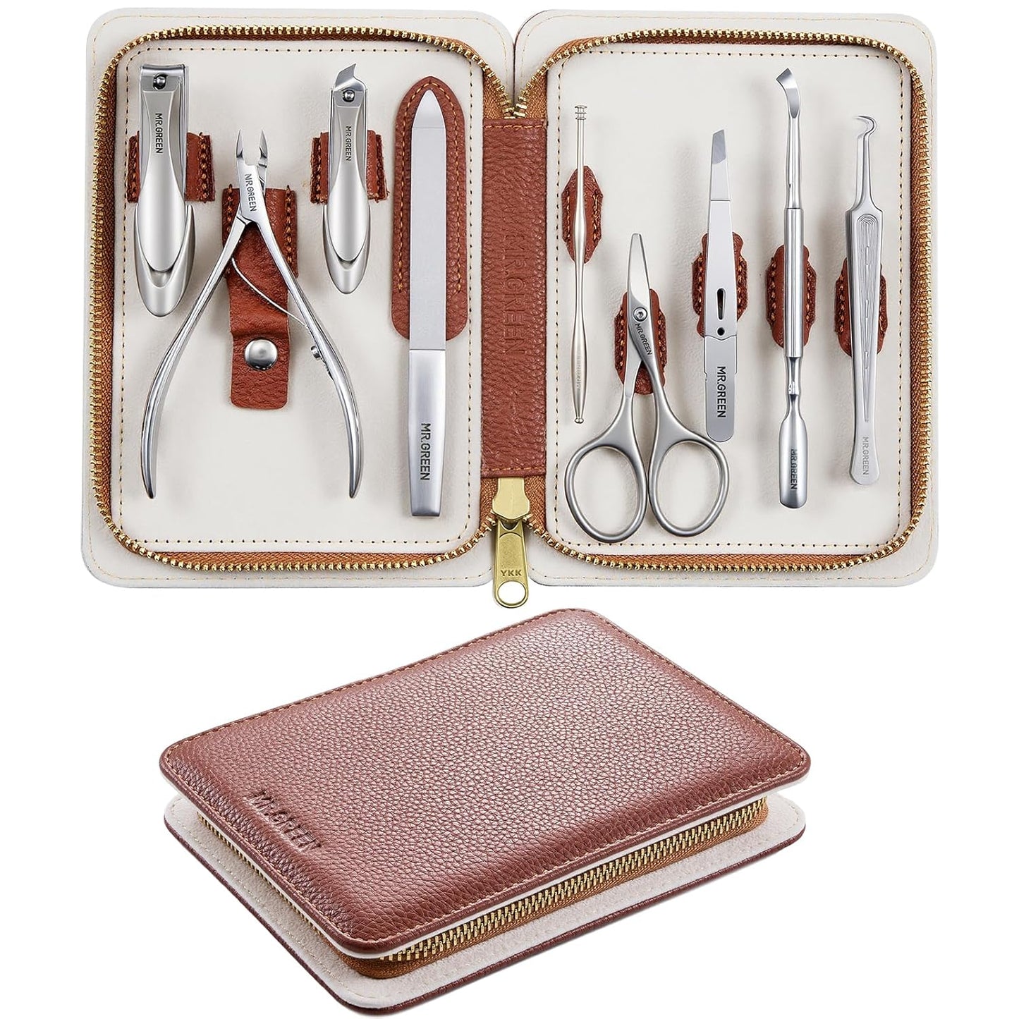 MR.GREEN 9-in-1 Manicure & Pedicure Set – Professional German Stainless Steel Nail Clippers Grooming Kit with Splash-Proof Nail Clipper & Genuine Leather Travel Case (Cognac Brown)