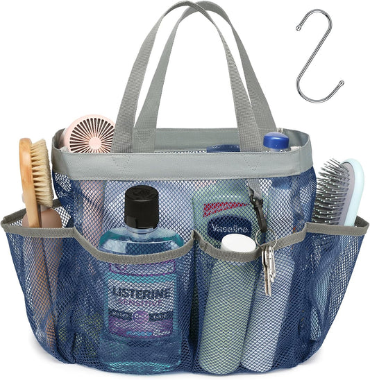 F-color Mesh Shower Caddy Portable - Navy Blue, Upgrade Deeper 7 Pockets Shower Bag Basket Tote for College Dorm Room Toiletry Bathroom Essentials Gym Camp Quick Dry 2 handles with S Hook