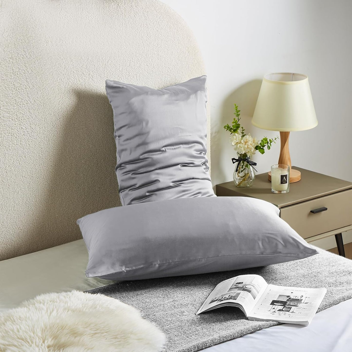Silk Pillow Cases 2 Pack Mulberry Silk Pillow Cases Soft Breathable Both Sided Natural Silk Pillowcase with Zipper Beauty Sleep Silk Pillow Cases for Gift(King,Silver Gray)