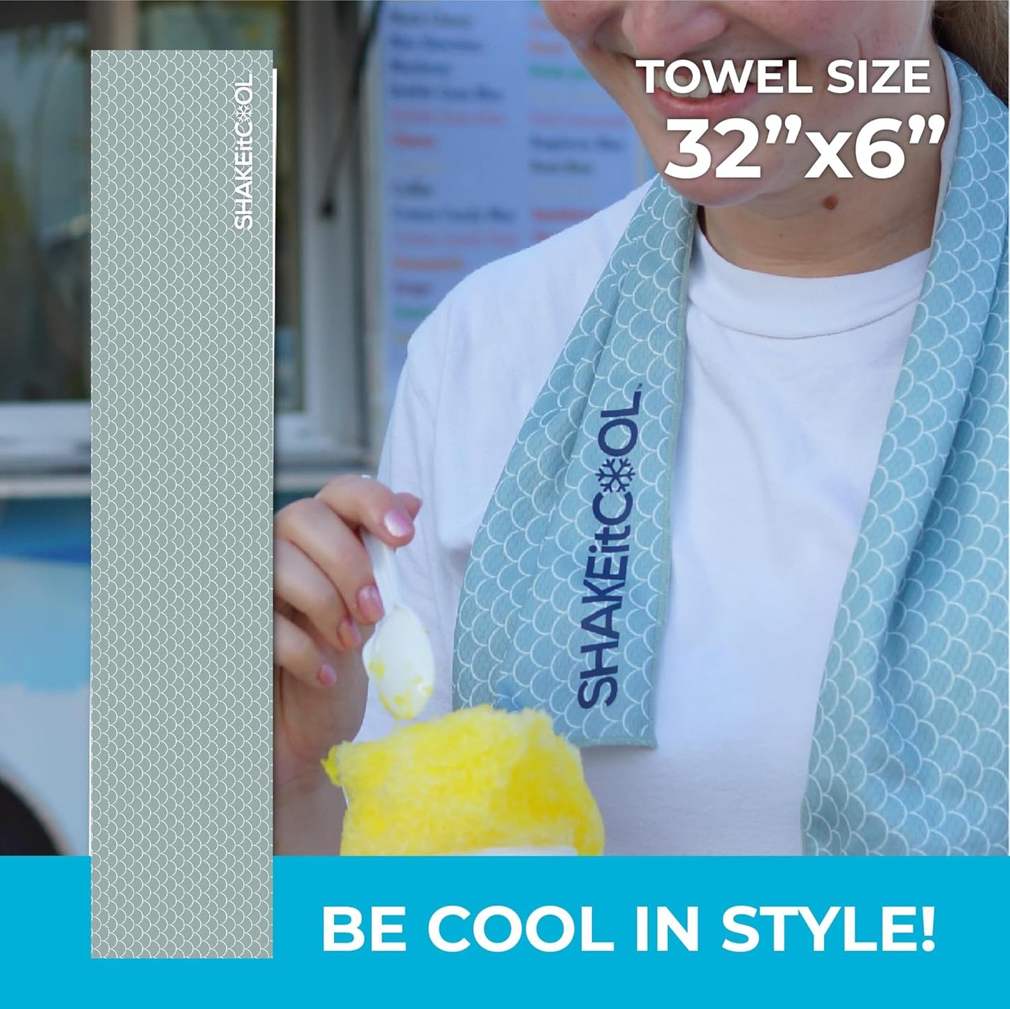 SHAKEitCOOL Original Cooling Towel – Be Cool in Style - Heat Relief, Soft, Lightweight, Sun Protection, Easy Clean - Perfect for Biking, Running, Yoga, Gym, Gardening - Green Scale